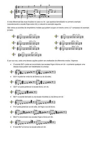 A nota diferencial das duas funções no caso é o ré - que aparece bemolizado no primeiro exemplo
(caracterizando a escala frígia sobre dó); e natural no exemplo seguinte.

São vários os acordes de empréstimo modais que podem ocupar um trecho como o 2° compasso do exemplo
já dado.




E por sua vez, cada uma dessas opções podem ser analisadas de diferentes modos. Vejamos:

   •   O acorde Db7+ pode ser encontrado nas escalas frígia e lócria em dó - e portanto qualquer uma
       dessas duas podem ser trabalhadas no arranjo;




   •   Eb7+.9 pode ter vindo do dó Dórico ou do dó eólio;




   •   Gb7+ só pode pertencer à escala lócria, em dó;




   •   Bb7+ é acorde derivado ou da escala mixolídia ou da dórica em dó




   •   Fm7 pode pertencer ao dó eólio, dó frígio e ao dó lócrio;




   •   Bbm7 é encontrado nas escalas frígia e lócria em dó;




   •   E este Bb7 só temos na escala eólia em dó.
 