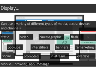 Display…
Can use a variety of different types of media, across devices
and channels
static video cinemagraphic flash
pop-ups interstitials banners
Mobile… browser, app, message
social promoted in-stream overlays
remarketing
 