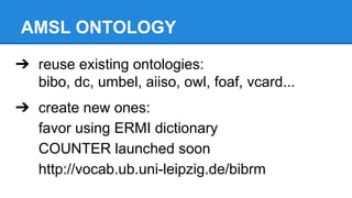 AMSL ONTOLOGY
➔ reuse existing ontologies:
bibo, dc, umbel, aiiso, owl, foaf, vcard...
➔ create new ones:
favor using ERMI dictionary
COUNTER launched soon
http://vocab.ub.uni-leipzig.de/bibrm
 