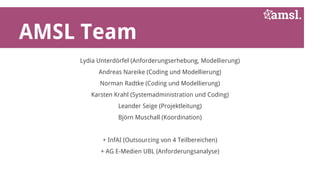 AMSL Team 
Lydia Unterdörfel (Anforderungserhebung, Modellierung) 
Andreas Nareike (Coding und Modellierung) 
Norman Radtke (Coding und Modellierung) 
Karsten Krahl (Systemadministration und Coding) 
Leander Seige (Projektleitung) 
Björn Muschall (Koordination) 
+ InfAI (Outsourcing von 4 Teilbereichen) 
+ AG E-Medien UBL (Anforderungsanalyse) 
 