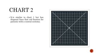  It is similar to chart 1 but has
diagonal lines that aid fixation for
patients with a central scotoma.
 