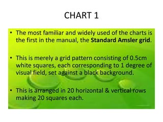 CHART 1
• The most familiar and widely used of the charts is
the first in the manual, the Standard Amsler grid.
• This is merely a grid pattern consisting of 0.5cm
white squares, each corresponding to 1 degree of
visual field, set against a black background.
• This is arranged in 20 horizontal & vertical rows
making 20 squares each.
 