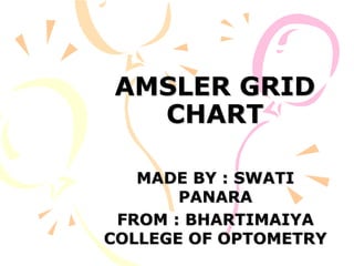 AMSLER GRID
CHART
MADE BY : SWATI
PANARA
FROM : BHARTIMAIYA
COLLEGE OF OPTOMETRY
 