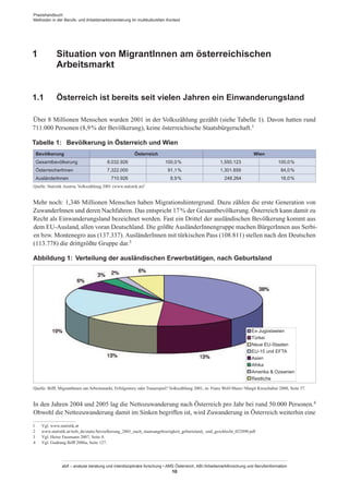 Praxishandbuch:
Methoden in der Berufs- und Arbeitsmarktorientierung im multikulturellen Kontext
abif – analyse beratung und interdisziplinäre forschung • AMS Österreich, ABI / Arbeitsmarktforschung und Berufsinformation
10
1	 Situation von Migrant­Innen am österreichischen
Arbeitsmarkt
1.1	 Österreich ist bereits seit vielen Jahren ein Einwanderungsland
Über 8 Millionen Menschen wurden 2001 in der Volkszählung gezählt (siehe Tabelle 1). Davon hatten rund
711.000 Personen (8,9 % der Bevölkerung), keine österreichische Staatsbürgerschaft.1
Tabelle 1:	 Bevölkerung in Österreich und Wien
Bevölkerung Österreich Wien
Gesamtbevölkerung 8,032.926 100,0 % 1,550.123 100,0 %
Österreicher­Innen 7,322.000 91,1 % 1,301.859 84,0 %
Ausländer­Innen 710.926 8,9 % 248.264 16,0 %
Quelle: Statistik Austria, Volkszählung 2001 (www.statistik.at)2
Mehr noch: 1,346 Millionen Menschen haben Migrationshintergrund. Dazu zählen die erste Generation von
Zuwander­Innen und deren Nachfahren. Das entspricht 17 % der Gesamtbevölkerung. Österreich kann damit zu
Recht als Einwanderungsland bezeichnet werden. Fast ein Drittel der ausländischen Bevölkerung kommt aus
dem EU-Ausland, allen voran Deutschland. Die größte Ausländer­Innengruppe machen Bürger­Innen aus Serbi-
en bzw. Montenegro aus (137.337). Ausländer­Innen mit türkischen Pass (108.811) stellen nach den Deutschen
(113.778) die drittgrößte Gruppe dar.3
Abbildung 1:	 Verteilung der ausländischen Erwerbstätigen, nach Geburtsland
Quelle: Biffl, Migrant­Innen am Arbeitsmarkt, Erfolgsstory oder Trauerspiel? Volkszählung 2001, in: Franz Wolf-Maier / ­Margit Kreuzhuber 2008, Seite 57.
In den Jahren 2004 und 2005 lag die Nettozuwanderung nach Österreich pro Jahr bei rund 50.000 Personen.4
Obwohl die Nettozuwanderung damit im Sinken begriffen ist, wird Zuwanderung in Österreich weiterhin eine
1	 Vgl. www.statistik.at
2	 www.statistik.at/web_de/static/bevoelkerung_2001_nach_staatsangehoerigkeit_geburtsland_ und_geschlecht_022890.pdf
3	 Vgl. Heinz Fassmann 2007, Seite 4.
4	 Vgl. Gudrung Biffl 2006a, Seite 127.
Ex-Jugoslawien
Türkei
Neue EU-Staaten
EU-15 und EFTA
Asien
Afrika
Amerika & Ozeanien
Restliche
 