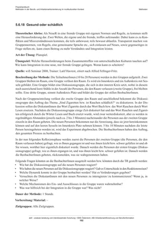 Praxishandbuch:
Methoden in der Berufs- und Arbeitsmarktorientierung im multikulturellen Kontext
abif – analyse beratung und interdisziplinäre forschung • AMS Österreich, ABI / Arbeitsmarktforschung und Berufsinformation
102
Methoden
5.6.18	 Gesund oder schädlich
Theoretischer Abriss: Als NeueR in eine fremde Gruppe mit eigenen Normen und Regeln, zu kommen stellt
eine Herausforderung dar. Zwei Welten, die eigene und die fremde, treffen aufeinander. Dabei kann es zu Kon-
flikten und Missverständnissen kommen, die teils unbewusst, teils bewusst ablaufen. Transparent machen von
Gruppennormen, von Regeln, eine gemeinsame Sprache etc., sich einlassen auf Neues, sowie gegenseitiges in
Frage stellen etc. kann einen Beitrag zu mehr Verständnis und Integration leisten.
Art der Übung: Planspiel.
Übungsziel: Welche Herausforderungen beim Zusammentreffen von unterschiedlichen Kulturen tauchen auf?
Wie kann Integration in eine neue, mir fremde Gruppe gelingen. Woran kann es scheitern?
Quelle: wifi Seminar 2008, Trainer: Latif Havrest, zitiert nach Alfred Fellinger-Fritz.
Beschreibung der Methode: DieTeilnehmer­Innen (10 bis 20 Personen) werden in drei Gruppen aufgeteilt. Zwei
Gruppen bleiben im Raum, eine Gruppe verlässt den Raum. Es wird ein ­Innenkreis und einAußenkreis mit Ses-
seln gebildet. Eine Gruppe bildet eine Diskussionsgruppe, die sich in den inneren Kreis setzt, wobei in diesem
noch ausreichend leere Stühle in derAnzahl der Personen, die den Raum verlassen (zweite Gruppe), frei bleiben
sollte. Eine dritte Gruppe, nimmt Außenkreis Platz und bildet die Gruppe der stillen Beobachter­Innen.
Nach der Gruppeneinteilung verlässt die zweite Gruppe den Raum und anschließend bekommt die Diskussi-
onsgruppe den Auftrag das Thema „Sind Zigaretten bzw. ist Rauchen schädlich?“ zu diskutieren. In der Dis-
kussion sollen die Diskutant­Innen das Wort Zigarette durch das Wort Buch bzw. das Wort Rauchen durch Wort
Lesen ersetzen. Nachdem die Diskussionsgruppe einige Zeit diskutiert hat und das Wort Rauchen und Zigaret-
ten erfolgreich durch die Wörter Lesen und Buch ersetzt wurde, wird zwar weiterdiskutiert, aber es werden in
regelmäßigen Abstanden (jeweils nach ca. 2 bis 3 Minuten) nacheinander die Personen aus der zweiten Gruppe
einzeln in den Raum gebeten. Die neuen Personen bekommen nur die Anweisung, dass sie jetzt hereinkommen
können und auf den leeren Sesseln im ­Innenkreis Platz nehmen können. 5 bis 10 Minuten nachdem die letzte
Person hereingebeten worden ist, wird das Experiment abgebrochen. Die Beobachter­Innen haben den Auftrag,
den gesamten Prozess zu beobachten.
In der nun folgenden Reflexionsphase werden zuerst die Personen der zweiten Gruppe (die Personen, die den
Raum verlassen haben) gefragt, wie es Ihnen gegangen ist und was ihnen leicht bzw. schwer gefallen ist und ob
Sie wissen, worüber hier eigentlich diskutiert wurde. Danach werden die Personen der ersten Gruppe (Diskus-
sionsgruppe) gefragt, wie es ihnen ergangen ist, und was ihnen leicht bzw. schwer gefallen ist. Danach werden
die Beobachter­Innen gebeten, rückzumelden, was sie wahrgenommen haben.
Folgende Fragen könnten an die Beobachter­Innen ausgeteilt werden bzw. könnten durch die TR gestellt werden:
•	 Wie hat die Diskussionsgruppe auf die neuen Personen reagiert?
•	 Wie haben die neuen Personen auf die Diskussionsgruppe reagiert? Gab es Unterschiede in den Reaktionsweisen?
•	 Welche Dynamik konnte in der Gruppe beobachtet werden? Hat es Veränderungen gegeben?
•	 Versuchten die Diskutant­Innen mit den neuen Personen zu interagieren / ­zu kommunizieren? Wenn ja, in
welcher Weise?
•	 Welche Mechanismen des Ein- und Ausschlusses in die Gruppe waren wahrnehmbar?
•	 Was war hilfreich bei der Integration in die Gruppe war? Was nicht?
Dauer der Methode: 1 Stunde.
Vorbereitung / ­Material: –
Zielgruppen: Alle Zielgruppen.
 