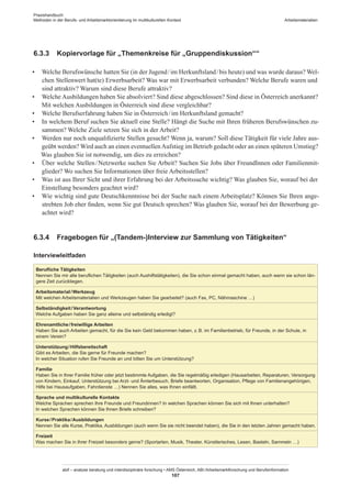 Praxishandbuch:
Methoden in der Berufs- und Arbeitsmarktorientierung im multikulturellen Kontext
abif – analyse beratung und interdisziplinäre forschung • AMS Österreich, ABI / Arbeitsmarktforschung und Berufsinformation
107
Arbeitsmaterialien
6.3.3	 Kopiervorlage für „Themenkreise für „Gruppendiskussion““
•	 Welche Berufswünsche hatten Sie (in der Jugend / ­im Herkunftsland / ­bis heute) und was wurde daraus? Wel-
chen Stellenwert hat(te) Erwerbsarbeit? Was war mit Erwerbsarbeit verbunden? Welche Berufe waren und
sind attraktiv? Warum sind diese Berufe attraktiv?
•	 Welche Ausbildungen haben Sie absolviert? Sind diese abgeschlossen? Sind diese in Österreich anerkannt?
Mit welchen Ausbildungen in Österreich sind diese vergleichbar?
•	 Welche Berufserfahrung haben Sie in Österreich / ­im Herkunftsland gemacht?
•	 In welchem Beruf suchen Sie aktuell eine Stelle? Hängt die Suche mit Ihren früheren Berufswünschen zu-
sammen? Welche Ziele setzen Sie sich in der Arbeit?
•	 Werden nur noch unqualifizierte Stellen gesucht? Wenn ja, warum? Soll diese Tätigkeit für viele Jahre aus-
geübt werden? Wird auch an einen eventuellenAufstieg im Betrieb gedacht oder an einen späteren Umstieg?
Was glauben Sie ist notwendig, um dies zu erreichen?
•	 Über welche Stellen / ­Netzwerke suchen Sie Arbeit? Suchen Sie Jobs über Freund­Innen oder Familienmit-
glieder? Wo suchen Sie Informationen über freie Arbeitsstellen?
•	 Was ist aus Ihrer Sicht und ihrer Erfahrung bei der Arbeitssuche wichtig? Was glauben Sie, worauf bei der
Einstellung besonders geachtet wird?
•	 Wie wichtig sind gute Deutschkenntnisse bei der Suche nach einem Arbeitsplatz? Können Sie Ihren ange-
strebten Job eher finden, wenn Sie gut Deutsch sprechen? Was glauben Sie, worauf bei der Bewerbung ge-
achtet wird?
6.3.4	 Fragebogen für „(Tandem-)Interview zur Sammlung von Tätigkeiten“
Interviewleitfaden
Berufliche Tätigkeiten
Nennen Sie mir alle beruflichen Tätigkeiten (auch Aushilfstätigkeiten), die Sie schon einmal gemacht haben, auch wenn sie schon län-
gere Zeit zurückliegen.
Arbeitsmaterial / ­Werkzeug
Mit welchen Arbeitsmaterialien und Werkzeugen haben Sie gearbeitet? (auch Fax, PC, Nähmaschine …)
Selbständigkeit / ­Verantwortung
Welche Aufgaben haben Sie ganz alleine und selbständig erledigt?
Ehrenamtliche / ­freiwillige Arbeiten
Haben Sie auch Arbeiten gemacht, für die Sie kein Geld bekommen haben, z. B. im Familienbetrieb, für Freunde, in der Schule, in
einem Verein?
Unterstützung / ­Hilfsbereitschaft
Gibt es Arbeiten, die Sie gerne für Freunde machen?
In welcher Situation rufen Sie Freunde an und bitten Sie um Unterstützung?
Familie
Haben Sie in Ihrer Familie früher oder jetzt bestimmte Aufgaben, die Sie regelmäßig erledigen (Hausarbeiten, Reparaturen, Versorgung
von Kindern, Einkauf, Unterstützung bei Arzt- und Ämterbesuch, Briefe beantworten, Organisation, Pflege von Familienangehörigen,
Hilfe bei Hausaufgaben, Fahrdienste …) Nennen Sie alles, was Ihnen einfällt.
Sprache und multikulturelle Kontakte
Welche Sprachen sprechen Ihre Freunde und Freundinnen? In welchen Sprachen können Sie sich mit Ihnen unterhalten?
In welchen Sprachen können Sie Ihnen Briefe schreiben?
Kurse / ­Praktika / ­Ausbildungen
Nennen Sie alle Kurse, Praktika, Ausbildungen (auch wenn Sie sie nicht beendet haben), die Sie in den letzten Jahren gemacht haben.
Freizeit
Was machen Sie in Ihrer Freizeit besonders gerne? (Sportarten, Musik, Theater, Künstlerisches, Lesen, Basteln, Sammeln …)
 