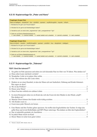 Praxishandbuch:
Methoden in der Berufs- und Arbeitsmarktorientierung im multikulturellen Kontext
abif – analyse beratung und interdisziplinäre forschung • AMS Österreich, ABI / Arbeitsmarktforschung und Berufsinformation
120
Arbeitsmaterialien
6.5.10	 Kopiervorlage für „Peter und Hans“
Fragebogen Gruppe Peter
Peter ist intelligent – diszipliniert – treu – pünktlich – sparsam – verpflichtungsfrei – impulsiv – kritisch.
1. Würdest Du ihn gern zum Freund haben?
2. Würdest Du ihn gerne als Arbeitskollegen haben?
3. Handelt es sich um einen eher „angenehmen“ oder „unangenehmen“ Typ?
4. Stufe ihn auf Deiner Beliebtheitsskala ein.
  1 = sehr beliebt;  2 = ziemlich beliebt;  3 = weder beliebt noch unbeliebt;  4 = ziemlich unbeliebt;  5 = sehr unbeliebt
Fragebogen Gruppe Hans
Hans ist kritisch – impulsiv – verpflichtungsfrei – sparsam – pünktlich – treu – diszipliniert – intelligent.
1. Würdest Du ihn gern zum Freund haben?
2. Würdest Du ihn gerne als Arbeitskollegen haben?
3. Handelt es sich um einen eher „angenehmen“ oder „unangenehmen“ Typ?
4. Stufe ihn auf Deiner Beliebtheitsskala ein.
  1 = sehr beliebt;  2 = ziemlich beliebt;  3 = weder beliebt noch unbeliebt;  4 = ziemlich unbeliebt;  5 = sehr unbeliebt
6.5.11	 Kopiervorlage für „Toleranz“
TEST: Sind Sie tolerant?76
1.	 Sie gehen im Park spazieren und sehen ein sich küssendes Paar im Alter von 78 Jahren. Was denken sie?
a)	 Diese alten Leute sind doch verrückt!  . . . . . . . . . . . . . . . . . . . . . . . . . . . . . . . . . . . . . . . . . . . . . . . . . . . . 0
b)	 Wunderbar. Liebe ist in jedem Alter schön.  . . . . . . . . . . . . . . . . . . . . . . . . . . . . . . . . . . . . . . . . . . . . . . . . 2
c)	 Gut. Aber müssen das alle Leute sehen.  . . . . . . . . . . . . . . . . . . . . . . . . . . . . . . . . . . . . . . . . . . . . . . . . . . . 1
2.	 Denken sie an einen Haushalt, in dem der Mann sich um Sauberkeit, Ordnung und Kinder kümmert.
Was sagen sie dazu?
a)	 Wo ist das Problem?  . . . . . . . . . . . . . . . . . . . . . . . . . . . . . . . . . . . . . . . . . . . . . . . . . . . . . . . . . . . . . . . . . .  2
b)	 Dieser arme Mann!  . . . . . . . . . . . . . . . . . . . . . . . . . . . . . . . . . . . . . . . . . . . . . . . . . . . . . . . . . . . . . . . . . . .  0
c)	 Diese Frau hat wirklich ein schönes Leben.  . . . . . . . . . . . . . . . . . . . . . . . . . . . . . . . . . . . . . . . . . . . . . . . . . 1
3.	 In einem Restaurant sehen sie ein Kind, das sich das Essen mit den Händen in den Mund „stopft“.
Was denken sie?
a)	 Manche Eltern können ihre Kinder nicht richtig erziehen.  . . . . . . . . . . . . . . . . . . . . . . . . . . . . . . . . . . . . .  0
b)	 Alle Kinder essen so.  . . . . . . . . . . . . . . . . . . . . . . . . . . . . . . . . . . . . . . . . . . . . . . . . . . . . . . . . . . . . . . . . . . 1
c)	 Essen muss jeder Mensch erst lernen.  . . . . . . . . . . . . . . . . . . . . . . . . . . . . . . . . . . . . . . . . . . . . . . . . . . . .  2
4.	 Eine Mutter und ihre Tochter gehen spazieren. Sie treffen den Englischlehrer der Tochter. Er trägt eine
gelbe Hose und ist mit Rollerblades und MP3 Player unterwegs. Was denken sie über den Englischlehrer?
a)	 Das ist jedenfalls gesünder als Autofahren.  . . . . . . . . . . . . . . . . . . . . . . . . . . . . . . . . . . . . . . . . . . . . . . . .  2
b)	 In jedem Mann steckt ein Kind.  . . . . . . . . . . . . . . . . . . . . . . . . . . . . . . . . . . . . . . . . . . . . . . . . . . . . . . . . . . 1
c)	 Dieser Mann ist sicher kein guter Lehrer.  . . . . . . . . . . . . . . . . . . . . . . . . . . . . . . . . . . . . . . . . . . . . . . . . . .  0
76	 Themen 2 aktuell, 2005, Hueber, Seite 16.
 