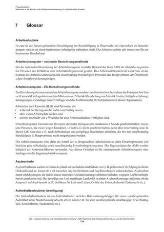 Praxishandbuch:
Methoden in der Berufs- und Arbeitsmarktorientierung im multikulturellen Kontext
abif – analyse beratung und interdisziplinäre forschung • AMS Österreich, ABI / Arbeitsmarktforschung und Berufsinformation
124
7	 Glossar
Arbeitserlaubnis
Ist eine an die Person gebundene Berechtigung zur Beschäftigung in Österreich (im Unterschied zu Berechti-
gungen, welche an einen bestimmten Arbeitgeber gebunden sind). Die Arbeitserlaubnis gilt immer nur für ein
bestimmtes Bundesland.
Arbeitslosenquote – nationale Berechnungsmethode
Bei der nationalen Berechnung der Arbeitslosenquote wird der Bestand der beim AMS als arbeitslos registrier-
ten Personen ins Verhältnis zum Arbeitskräftepotenzial gesetzt. Das Arbeitskräftepotenzial wiederum ist die
Summe aus Arbeitslosenbestand und unselbständig beschäftigten Personen laut Hauptverband der Österreichi-
schen Sozialversicherungsträger. 
Arbeitslosenquote – EU-Berechnungsmethode
Zur Berechnung der internationalenArbeitslosenquote werden vom Statistischen Zentralamt der Europäischen Uni-
on (Eurostat) Umfragedaten aus dem Mikrozensus (Arbeitskräfteerhebung von StatistikAustria; Frühjahrserhebung)
herangezogen. Grundlage dieser Umfrage sind die Richtlinien der ILO (International Labour Organisation).
Arbeitslos nach Eurostat (ILO) sind Personen, die
•	 während der Bezugswoche nicht erwerbstätig waren,
•	 aktiv einen Arbeitsplatz suchen und
•	 sofort (innerhalb von 2 Wochen) für eine Arbeitsaufnahme verfügbar sind.
Erwerbstätig nach Eurostat sind Personen, die in der Bezugswoche mindestens 1 Stunde gearbeitet haben. Sowie
jene Personen, die zwar (wegen Krankheit, Urlaub u. ä.) nicht gearbeitet haben, sonst aber erwerbstätig sind. In
dieser Zahl sind also z. B. auch Selbständige und gerigfügig Beschäfigte enthalten, die bei den unselbständig
Beschäfigten lt. Hauptverband nicht mitgerechnet werden.
Die Arbeitslosenquote wird dann als Anteil der so festgestellten Arbeitslosen an allen Erwerbspersonen (Ar-
beitslose plus selbständig sowie unselbständig Erwerbstätige) errechnet. Die Registerdaten des AMS werden
lediglich als Korrekturfaktoren verwendet. Aus diesen Gründen ist die internationale Arbeitlosenquote stets
niedriger als die Registerarbeitslosenquote.
AsylwerberIn
Asylwerber­Innen suchen in einemAsylland umAufnahme und Schutz vor (z. B. politischer)Verfolgung in ihrem
Herkunftsland an. Generell wird zwischen Asylwerber­Innen und Asylberechtigten unterschieden. Asylwerber­
Innen sind diejenigen, die sich in einem laufendenAsylanerkennungsverfahren befinden, wogegenAsylberechtigte
bereits anerkannt sind. Das jeweilige umAsyl angefragte Land prüft in einemAsylanerkennungsverfahren, ob ein
Anspruch auf Asyl besteht (z. B. Gefahren für Leib und Leben, Gefahr der Folter, drohende Todesstrafe etc.).
Aufenthaltserlaubnis(-bewilligung)
Die Aufenthaltserlaubnis ist ein Aufenthaltstitel, welcher Drittstaatsangehörigen für einen vorübergehenden
Aufenthalt ohne Niederlassungsabsicht erteilt wird (z. B. für eine vorübergehende unabhängige Erwerbstätig-
keit, Schüler­Innen, Studierende etc.).
 
