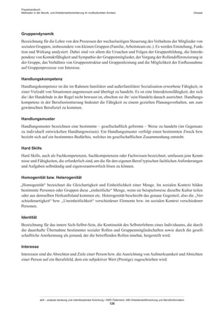 Praxishandbuch:
Methoden in der Berufs- und Arbeitsmarktorientierung im multikulturellen Kontext
abif – analyse beratung und interdisziplinäre forschung • AMS Österreich, ABI / Arbeitsmarktforschung und Berufsinformation
128
Glossar
Gruppendynamik
Bezeichnung für die Lehre von den Prozessen der wechselseitigen Steuerung des Verhaltens der Mitglieder von
sozialen Gruppen, insbesondere von kleinen Gruppen (Familie,Arbeitsteam etc.). Es werden Entstehung, Funk-
tion und Wirkung analysiert. Dabei sind vor allem die Ursachen und Folgen der Gruppenbildung, die Interde-
pendenz von Kontaktfähigkeit und Sympathie der Gruppenmitglieder, derVorgang der Rollendifferenzierung in
der Gruppe, das Verhältnis von Gruppenstruktur und Gruppenleistung und die Möglichkeit der Einflussnahme
auf Gruppenprozesse von Interesse.
Handlungskompetenz
Handlungskompetenz ist die im Rahmen familiärer und außerfamiliärer Sozialisation erworbene Fähigkeit, in
einer Vielzahl von Situationen angemessen und überlegt zu handeln. Es ist eine Interaktionsfähigkeit, der sich
die / ­der Handelnde in der Regel nicht bewusst ist, obschon sie ihr / ­sein Handeln danach ausrichtet. Handlungs-
kompetenz in der Berufsorientierung bedeutet die Fähigkeit zu einem gezielten Planungsverhalten, um zum
gewünschten Berufsziel zu kommen.
Handlungsmuster
Handlungsmuster bezeichnen eine bestimmte – gesellschaftlich geformte – Weise zu handeln (im Gegensatz
zu individuell entwickelten Handlungsweisen). Ein Handlungsmuster verfolgt einen bestimmten Zweck bzw.
bezieht sich auf ein bestimmtes Bedürfnis, welches im gesellschaftlichen Zusammenhang entsteht.
Hard Skills
Hard Skills, auch als Fachkompetenzen, Sachkompetenzen oder Fachwissen bezeichnet, umfassen jene Kennt-
nisse und Fähigkeiten, die erforderlich sind, um die für den eigenen Beruf typischen fachlichen Anforderungen
und Aufgaben selbständig und eigenverantwortlich lösen zu können.
Homogenität bzw. Heterogenität
„Homogenität“ bezeichnet die Gleichartigkeit und Einheitlichkeit einer Menge. Im sozialen Kontext bilden
bestimmte Personen oder Gruppen diese „einheitliche“ Menge, wenn sie beispielsweise dieselbe Kultur teilen
oder aus demselben Herkunftsland kommen etc. Heterogenität beschreibt das genaue Gegenteil, also die „Ver-
schiedenartigkeit“ bzw. „Uneinheitlichkeit“ verschiedener Elemente bzw. im sozialen Kontext verschiedener
Personen.
Identität
Bezeichnung für das innere Sich-Selbst-Sein, die Kontinuität des Selbsterlebens eines Individuums, die durch
die dauerhafte Übernahme bestimmter sozialer Rollen und Gruppenmitgliedschaften sowie durch die gesell-
schaftliche Anerkennung als jemand, der die betreffenden Rollen innehat, hergestellt wird.
Interesse
Interessen sind die Absichten und Ziele einer Person bzw. die Ausrichtung von Aufmerksamkeit und Absichten
einer Person auf ein Berufsfeld, dem ein subjektiver Wert (Prestige) zugeschrieben wird.
 