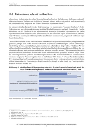 Praxishandbuch:
Methoden in der Berufs- und Arbeitsmarktorientierung im multikulturellen Kontext
abif – analyse beratung und interdisziplinäre forschung • AMS Österreich, ABI / Arbeitsmarktforschung und Berufsinformation
15
Situation von Migrant­Innen am österreichischen Arbeitsmarkt
1.3.5	 Diskriminierung aufgrund von Geschlecht
Migrantinnen sind mit einer doppelten Benachteiligung konfrontiert. Sie bekommen als Frauen tendenziell
Jobs mit geringerem Verdienst und niedrigerem Status als Männer. Andererseits sind sie auch der strukturel-
len Schlechterstellung ausgesetzt, wie sie auch männliche Migranten erfahren.24
Ein typisch weibliches Beispiel wäre die Diskriminierung von muslimischen Frauen mit Kopftuch.25 Zu der
Diskriminierung am Arbeitsmarkt kommen familiäre Mehrfachbelastungen und auch Gewalt in der Familie.
Abgrenzung von der Familie ist oft nur schwer möglich, da manche Frauen kein eigenständiges und verfes-
tigtes Aufenthaltsrecht haben und damit bei Loslösung von der Familie das eigene Aufenthaltsrecht gefährdet
wird.26 Während sich religiöser Hintergrund bei den Männern kaum auswirkt, zeigen sich bei Frauen signi-
fikante Unterschiede.
Unter den Musliminnen weisen vor allem Frauen mit türkischen Migrationshintergrund die geringste Erwerbs-
quote auf, geringer noch als bei Frauen aus Bosnien, Mazedonien und Montenegro. Eine oft sehr niedrige
Schulbildung lässt sie, wenn überhaupt, dann meist nur als Arbeiter­Innen tätig werden.27 Weibliche Arbeits-
kräfte mit nicht-österreichischer Staatsbürgerschaft arbeiten häufig in denjenigen Tätigkeitsfeldern, die von
inländischen Frauen, aber auch von ausländischen Männern gemieden werden.28 Die mangelnde Beschäfti-
gungsintegration erwerbsaktiver Frauen sowie deren Schlechterstellung gegenüber Männern zeigen Daten
des Forschungsinstitutes Synthesis besonders augenscheinlich: Der Prozentsatz nicht oder kaum in den Ar-
beitsmarkt integrierter Personen liegt bei ihnen in der Nähe der 50 %-Marke.29 43 % der Ausländerinnen bzw.
45 % der eingebürgerten Frauen zählen zu diesem Personenkreis. Dabei werden geschlechtsspezifische Unter-
schiede insbesondere bei Eingebürgerten deutlich, da ein fast doppelt so hoher Anteil von Frauen gegenüber
Männern in diese Kategorie fällt.
Abbildung 2:	Niedrige Beschäftigungsintegration trotz Staatsbürgerschaftswechsel, Anteil der
„nicht oder kaum integrierten“ Erwerbsaktiven nach Personenkreisen, 2006
AusländerInnen
32,3 %
43,1 %
InländerInnen mit mindestens einem
dokumentierten StaatsbürgerInnenschaftswechsel
25,1 %
45,3 %
InländerInnen ohne
dokumentierten StaatsbürgerInnenschaftswechsel
17,5 %
27,7 %
Männer  Frauen
Quelle: Daniel Kamleitner 2007, Folie 8, eigene Darstellung.
24	 Vgl. Heinz Fassmann 2007, Seite 6f; Bundeskanzleramt – Bundesministerin Frauen, Medien und Öffentlicher Dienst 2007, Seite 22.
25	 Vgl. FRA 2007, Seite 54.
26	 Vgl. EQUAL / Arbeitsgruppe Migration und Gender 2007, Seite 1.
27	 Vgl. Heinz Fassmann 2007, Seite 7.
28	 Vgl. Bundeskanzleramt – Bundesministerin Frauen, Medien und Öffentlicher Dienst 2007, Seite 28.
29	 Vgl. Daniel Kamleitner 2007.
 