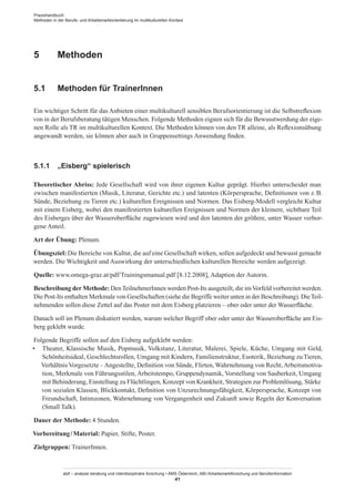 Praxishandbuch:
Methoden in der Berufs- und Arbeitsmarktorientierung im multikulturellen Kontext
abif – analyse beratung und interdisziplinäre forschung • AMS Österreich, ABI / Arbeitsmarktforschung und Berufsinformation
41
5	 Methoden
5.1	 Methoden für Trainer­Innen
Ein wichtiger Schritt für das Anbieten einer multikulturell sensiblen Berufsorientierung ist die Selbstreflexion
von in der Berufsberatung tätigen Menschen. Folgende Methoden eignen sich für die Bewusstwerdung der eige-
nen Rolle als TR im multikulturellen Kontext. Die Methoden können von den TR alleine, als Reflexionsübung
angewandt werden, sie können aber auch in Gruppensettings Anwendung finden.
5.1.1	 „Eisberg“ spielerisch
Theoretischer Abriss: Jede Gesellschaft wird von ihrer eigenen Kultur geprägt. Hierbei unterscheidet man
zwischen manifestierten (Musik, Literatur, Gerichte etc.) und latenten (Körpersprache, Definitionen von z. B.
Sünde, Beziehung zu Tieren etc.) kulturellen Ereignissen und Normen. Das Eisberg-Modell vergleicht Kultur
mit einem Eisberg, wobei den manifestierten kulturellen Ereignissen und Normen der kleinere, sichtbare Teil
des Eisberges über der Wasseroberfläche zugewiesen wird und den latenten der größere, unter Wasser verbor-
gene Anteil.
Art der Übung: Plenum.
Übungsziel: Die Bereiche von Kultur, die auf eine Gesellschaft wirken, sollen aufgedeckt und bewusst gemacht
werden. Die Wichtigkeit und Auswirkung der unterschiedlichen kulturellen Bereiche werden aufgezeigt.
Quelle: www.omega-graz.at/pdf/Trainingsmanual.pdf [8.12.2008], Adaption der Autorin.
Beschreibung der Methode: DenTeilnehmer­Innen werden Post-Its ausgeteilt, die imVorfeld vorbereitet werden.
Die Post-Its enthalten Merkmale von Gesellschaften (siehe die Begriffe weiter unten in der Beschreibung). DieTeil-
nehmenden sollen diese Zettel auf das Poster mit dem Eisberg platzieren – ober oder unter der Wasserfläche.
Danach soll im Plenum diskutiert werden, warum welcher Begriff ober oder unter der Wasseroberfläche am Eis-
berg geklebt wurde.
Folgende Begriffe sollen auf den Eisberg aufgeklebt werden:
•	 Theater, Klassische Musik, Popmusik, Volkstanz, Literatur, Malerei, Spiele, Küche, Umgang mit Geld,
Schönheitsideal, Geschlechtsrollen, Umgang mit Kindern, Familienstruktur, Esoterik, Beziehung zu Tieren,
VerhältnisVorgesetzte –Angestellte, Definition von Sünde, Flirten, Wahrnehmung von Recht,Arbeitsmotiva-
tion, Merkmale von Führungsstilen, Arbeitstempo, Gruppendynamik, Vorstellung von Sauberkeit, Umgang
mit Behinderung, Einstellung zu Flüchtlingen, Konzept von Krankheit, Strategien zur Problemlösung, Stärke
von sozialen Klassen, Blickkontakt, Definition von Unzurechnungsfähigkeit, Körpersprache, Konzept von
Freundschaft, Intimzonen, Wahrnehmung von Vergangenheit und Zukunft sowie Regeln der Konversation
(Small Talk).
Dauer der Methode: 4 Stunden.
Vorbereitung / ­Material: Papier, Stifte, Poster.
Zielgruppen: Trainer­Innen.
 