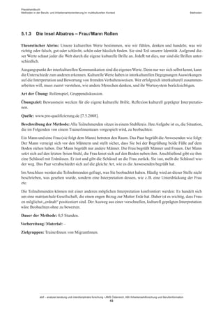 Praxishandbuch:
Methoden in der Berufs- und Arbeitsmarktorientierung im multikulturellen Kontext
abif – analyse beratung und interdisziplinäre forschung • AMS Österreich, ABI / Arbeitsmarktforschung und Berufsinformation
43
Methoden
5.1.3	 Die Insel Albatros – Frau / ­Mann Rollen
Theoretischer Abriss: Unsere kulturellen Werte bestimmen, wie wir fühlen, denken und handeln; was wir
richtig oder falsch, gut oder schlecht, schön oder hässlich finden. Sie sind Teil unserer Identität. Aufgrund die-
ser Werte schaut jeder die Welt durch die eigene kulturelle Brille an. JedeR tut dies, nur sind die Brillen unter-
schiedlich.
Ausgangspunkt der interkulturellen Kommunikation sind die eigenen Werte. Denn nur wer sich selbst kennt, kann
die Unterschiede zum anderen erkennen. Kulturelle Werte haben in interkulturellen BegegnungenAuswirkungen
auf die Interpretation und Bewertung von fremden Verhaltensweisen. Wer erfolgreich interkulturell zusammen-
arbeiten will, muss zuerst verstehen, wie andere Menschen denken, und ihr Wertesystem berücksichtigen.
Art der Übung: Rollenspiel, Gruppendiskussion.
Übungsziel: Bewusstsein wecken für die eigene kulturelle Brille, Reflexion kulturell geprägter Interpretatio-
nen.
Quelle: www.pro-qualifizierung.de [7.5.2008].
Beschreibung der Methode: Alle Teilnehmenden sitzen in einem Stuhlkreis. Ihre Aufgabe ist es, die Situation,
die im Folgenden von einem Trainer­Innenteam vorgespielt wird, zu beobachten:
Ein Mann und eine Frau (sie folgt dem Mann) betreten den Raum. Das Paar begrüßt die Anwesenden wie folgt:
Der Mann verneigt sich vor den Männern und stellt sicher, dass Sie bei der Begrüßung beide Füße auf dem
Boden stehen haben. Der Mann begrüßt nur andere Männer. Die Frau begrüßt Männer und Frauen. Der Mann
setzt sich auf den letzten freien Stuhl, die Frau kniet sich auf den Boden neben ihm. Anschließend gibt sie ihm
eine Schüssel mit Erdnüssen. Er isst und gibt die Schüssel an die Frau zurück. Sie isst, stellt die Schüssel wie-
der weg. Das Paar verabschiedet sich auf die gleiche Art, wie es die Anwesenden begrüßt hat.
Im Anschluss werden die Teilnehmenden gefragt, was Sie beobachtet haben. Häufig wird an dieser Stelle nicht
beschrieben, was gesehen wurde, sondern eine Interpretation dessen, wie z. B. eine Unterdrückung der Frau
etc.
Die Teilnehmenden können mit einer anderen möglichen Interpretation konfrontiert werden: Es handelt sich
um eine matriarchale Gesellschaft, die einen engen Bezug zur Mutter Erde hat. Daher ist es wichtig, dass Frau-
en möglichst „erdnah“ positioniert sind. Der Ausweg aus einer vorschnellen, kulturell geprägten Interpretation
wäre Beobachten ohne zu bewerten.
Dauer der Methode: 0,5 Stunden.
Vorbereitung / ­Material: –
Zielgruppen: Trainer­Innen von Migrant­Innen.
 