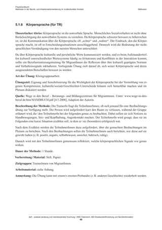Praxishandbuch:
Methoden in der Berufs- und Arbeitsmarktorientierung im multikulturellen Kontext
abif – analyse beratung und interdisziplinäre forschung • AMS Österreich, ABI / Arbeitsmarktforschung und Berufsinformation
46
Methoden
5.1.6	 Körpersprache (für TR)
TheoretischerAbriss: Körpersprache ist die nonverbale Sprache. Menschliches Sozialverhalten ist nicht ohne
Berücksichtigung des nonverbalen Systems zu verstehen. Da Körpersprache schwerer bewusst zu beherrschen
ist, ist die Kommunikation über die Körpersprache oft „echter“ und „wahrer“. Der Eindruck, den die Körper-
sprache macht, ist oft in Entscheidungssituationen ausschlaggebend. Dennoch wird die Bedeutung der nicht-
sprachlichen Verständigung von den meisten Menschen unterschätzt.
Da über Körpersprache kulturelle und persönliche Werte kommuniziert werden, und es beim Aufeinandertref-
fen kulturell unterschiedlicher Wertesysteme häufig zu Irritationen und Konflikten in der Interaktion kommt,
sollte ein Berufsorientierungstraining für Migrant­Innen die Reflexion über ihre kulturell geprägten Normen
und Verhaltenssignale inkludieren. Vorliegende Übung zielt darauf ab, sich seiner Körpersprache und deren
ausgesendeten Botschaften bewusst zu werden.
Art der Übung: Kleingruppenarbeit.
Übungsziel: Eignung und Sensibilisierung für die Wichtigkeit der Körpersprache bei der Vermittlung von ei-
genen Kompetenzen; kulturelle/soziale/Geschlechter-Unterschiede können sich bemerkbar machen und im
Plenum diskutiert werden.
Quelle: Wege in den Beruf – Beratungs- und Bildungszentrum für Migrantinnen. Unter: www.wege-in-den-
beruf.de/htm/HANDBUCH.pdf [4.5.2008], Adaption der Autorin.
Beschreibung der Methode: Die TrainerIn fragt die Teilnehmer­Innen, ob sich jemand für eine Beobachtungs-
übung zur Verfügung stellt. Die Person wird aufgefordert kurz den Raum zu verlassen, während der Gruppe
erläutert wird, die / ­den TeilnehmerIn bei der folgenden genau zu beobachten. Dabei sollen sie sich Notizen zu
Handbewegungen, Sitz- und Kopfhaltung, Augenkontakt machen. Der TeilnehmerIn wird gesagt, dass sie im
Folgenden eine kurze Situation erzählen soll, in dem er / ­sie (besonders) erfolgreich war.
Nach dem Erzählen werden die Teilnehmer­Innen dazu aufgefordert, über die gemachten Beobachtungen im
Plenum zu berichten. Nach den Beobachtungen sollen die Teilnehmer­Innen auch berichten, wie diese auf sie
gewirkt haben (z. B. positiv, negativ, selbstbewusst, unsicher, hektisch, ruhig).
Danach wird mit den Teilnehmer­Innen gemeinsam reflektiert, welche körpersprachlichen Signale wie genau
wirken.
Dauer der Methode: 1 Stunde.
Vorbereitung / ­Material: Stift, Papier.
Zielgruppen: Trainer­Innen von Migrant­Innen.
Arbeitsmaterial: siehe Anhang.
Anmerkung: Die Übung kann mit einem/r zweiten Probandin (z. B. anderen Geschlechts) wiederholt werden.
 