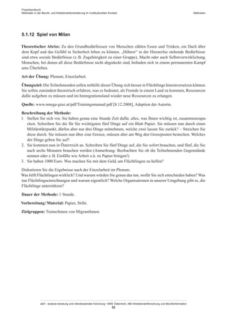 Praxishandbuch:
Methoden in der Berufs- und Arbeitsmarktorientierung im multikulturellen Kontext
abif – analyse beratung und interdisziplinäre forschung • AMS Österreich, ABI / Arbeitsmarktforschung und Berufsinformation
52
Methoden
5.1.12	 Spiel von Milan
Theoretischer Abriss: Zu den Grundbedürfnissen von Menschen zählen Essen und Trinken, ein Dach über
dem Kopf und das Gefühl in Sicherheit leben zu können. „Höhere“ in der Hierarchie stehende Bedürfnisse
sind etwa soziale Bedürfnisse (z. B. Zugehörigkeit zu einer Gruppe), Macht oder auch Selbstverwirklichung.
Menschen, bei denen all diese Bedürfnisse nicht abgedeckt sind, befinden sich in einem permanenten Kampf
ums Überleben.
Art der Übung: Plenum; Einzelarbeit.
Übungsziel: DieTeilnehmenden sollen mithilfe dieser Übung sich besser in Flüchtlinge hineinversetzen können.
Sie sollen zumindest theoretisch erfahren, was es bedeutet, als Fremde in einem Land zu kommen, Ressourcen
dafür aufgeben zu müssen und im Immigrationsland wieder neue Ressourcen zu erlangen.
Quelle: www.omega-graz.at/pdf/Trainingsmanual.pdf [8.12.2008], Adaption der Autorin.
Beschreibung der Methode:
1.	 Stellen Sie sich vor, Sie haben genau eine Stunde Zeit dafür, alles, was Ihnen wichtig ist, zusammenzupa-
cken. Schreiben Sie die für Sie wichtigsten fünf Dinge auf ein Blatt Papier. Sie müssen nun durch einen
Militärstützpunkt, dürfen aber nur drei Dinge mitnehmen, welche zwei lassen Sie zurück? – Streichen Sie
diese durch. Sie müssen nun über eine Grenze, müssen aber am Weg den Grenzposten bestechen. Welches
der Dinge geben Sie auf?
2.	 Sie kommen nun in Österreich an. Schreiben Sie fünf Dinge auf, die Sie sofort brauchen, und fünf, die Sie
nach sechs Monaten brauchen werden (Anmerkung: Beobachten Sie ob die Teilnehmenden Gegenstände
nennen oder z. B. Einfälle wie Arbeit o.ä. zu Papier bringen!)
3.	 Sie haben 1000 Euro. Was machen Sie mit dem Geld, um Flüchtlingen zu helfen?
Diskutieren Sie die Ergebnisse nach der Einzelarbeit im Plenum:
Was hilft Flüchtlingen wirklich? Und warum würden Sie genau das tun, wofür Sie sich entschieden haben? Was
tun Flüchtlingseinrichtungen und warum eigentlich? Welche Organisationen in unserer Umgebung gibt es, die
Flüchtlinge unterstützen?
Dauer der Methode: 1 Stunde.
Vorbereitung / ­Material: Papier, Stifte.
Zielgruppen: Trainer­Innen von Migrant­Innen.
 