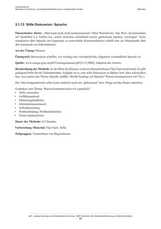 Praxishandbuch:
Methoden in der Berufs- und Arbeitsmarktorientierung im multikulturellen Kontext
abif – analyse beratung und interdisziplinäre forschung • AMS Österreich, ABI / Arbeitsmarktforschung und Berufsinformation
53
Methoden
5.1.13	 Stille Diskussion: Sprache
Theoretischer Abriss: „Man kann nicht nicht kommunizieren“ (Paul Watzlawick). Das Wort „Kommunikati-
on“ beinhaltet u. a. Verben wie „teilen, mitteilen, teilnehmen lassen; gemeinsam machen, vereinigen“. Kom-
munikation über Sprache (im Gegensatz zu nonverbaler Kommunikation) schafft also ein Miteinander über
den Austausch von Informationen.
Art der Übung: Plenum.
Übungsziel: Bewusstsein schaffen, wie wichtig eine vereinheitlichte, allgemein verständliche Sprache ist.
Quelle: www.omega-graz.at/pdf/Trainingsmanual.pdf [8.12.2008], Adaption der Autorin.
Beschreibung der Methode: In der Mitte des Raumes wird ein unbeschriebenes Flip Chart positioniert. Es gibt
genügend Stifte für die Teilnehmenden. Aufgabe ist es, eine stille Diskussion zu führen, bzw. alles aufzuschrei-
ben, was einem zum Thema Sprache einfällt. (Wofür benötige ich Sprache? Warum kommuniziere ich? Etc.)
Der / ­Die GruppenleiterIn selbst kann natürlich auch mit „diskutieren“ bzw. Dinge auf das Poster schreiben.
Gedanken zum Thema: Warum kommunizieren wir eigentlich?
•	 Stille vermeiden
•	 Gefühlsausdruck
•	 Mitteilungsbedürfnis
•	 Informationsaustausch
•	 Selbstdarstellung
•	 Problemfindung / ­Problemdefinition
•	 Etwas repräsentieren
Dauer der Methode: 0,5 Stunden.
Vorbereitung / ­Material: Flip Chart, Stifte.
Zielgruppen: Trainer­Innen von Migrant­Innen.
 