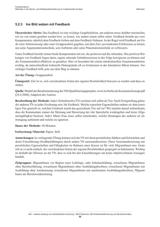 Praxishandbuch:
Methoden in der Berufs- und Arbeitsmarktorientierung im multikulturellen Kontext
abif – analyse beratung und interdisziplinäre forschung • AMS Österreich, ABI / Arbeitsmarktforschung und Berufsinformation
56
Methoden
5.2.3	 Ins Bild setzen mit Feedback
Theoretischer Abriss: Das Feedback ist eine wichtige Gesprächsform, um anderen etwas darüber mitzuteilen,
wie sie von einem gesehen werden bzw. zu lernen, wie andere einem selbst sehen. Feedback besteht aus zwei
Komponenten, nämlich dem Feedback-Geben und dem Feedback-Nehmen. In der Regel wird Feedback am En-
de einer Arbeitssitzung oder einer Gruppenarbeit gegeben, mit dem Ziel, aus konkreten Erlebnissen zu lernen,
um seine Argumentationstechnik, sein Auftreten oder seine Präsentationstechnik zu verbessern.
Gutes Feedback bezieht immer beide Komponenten mit ein, die positiven und die störenden. Die positiven Wir-
kungen von Feedback liegen darin, eigene störende Verhaltensweisen in der Folge korrigieren zu können und
die Zusammenarbeit effektiver zu gestalten. Dies ist besonders bei einem interkulturellen Zusammenarbeiten
wichtig, da unterschiedliche kulturelle Hintergründe oft zu Irritationen in der Interaktion führen können. Vor-
sichtiges Feedback hilft, jene aus dem Weg zu räumen.
Art der Übung: Gruppenarbeit.
Übungsziel: Ziel ist es, sich verschiedenen Seiten der eigenen Persönlichkeit bewusst zu werden und dazu zu
stehen.
Quelle: Modell der Berufsorientierung desTIO-Qualifizierungsprojekts; www.tio-berlin.de/documents/konzept.pdf
[24.4.2008], Adaption der Autorin.
Beschreibung der Methode: Jede/r TeilnehmerIn (TN) zeichnet sich selbst als Tier. Nach Fertigstellung geben
die anderen TN zu jeder Zeichnung sein / ­ihr Feedback: Welche typischen Eigenschaften ordnen sie dem jewei-
ligen Tier generell zu, welchen Eindruck macht das gezeichnete Tier auf sie? Wir machen darauf aufmerksam,
dass die Kommentare immer die Meinung und Bewertung des / ­der SprecherIn wiedergeben und keine Allge-
meingültigkeit besitzen. Jede/r Mann / ­Frau muss selbst entscheiden, welche Deutungen der anderen sie als
Anregung aufnimmt und welche sie ignoriert.
Dauer der Methode: 30 Minuten.
Vorbereitung / ­Material: Papier, Stift.
Anmerkungen: In vorliegender Übung können sich dieTN mit ihren persönlichen Stärken und Schwächen und
deren Einschätzung (Feedbackübungen) durch andere TN auseinandersetzen. Diese Auseinandersetzung mit
persönlichen Eigenschaften und Fähigkeiten im Rahmen eines Kurses ist für viele Migrant­Innen neu. Gene-
rell ist es nicht einfach, die verschiedenen Seiten der eigenen Persönlichkeit gespiegelt zu bekommen. Wichtig
ist deshalb der Hinweis an die TN, dass es sich bei den Einschätzungen um keine objektivierbaren Aussagen
handelt.
Zielgruppen: Migrant­Innen vor Beginn einer Lehrlings- oder Schulausbildung; erwachsene Migrant­Innen
ohne Berufserfahrung; erwachsene Migrant­Innen ohne Ausbildungabschluss; erwachsene Migrant­Innen mit
Ausbildung ohne Anerkennung; erwachsene Migrant­Innen mit anerkannten Ausbildungsabschluss; Migrant­
Innen am Berufswiedereinstieg.
 