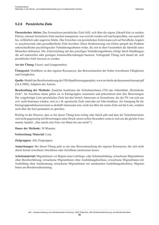 Praxishandbuch:
Methoden in der Berufs- und Arbeitsmarktorientierung im multikulturellen Kontext
abif – analyse beratung und interdisziplinäre forschung • AMS Österreich, ABI / Arbeitsmarktforschung und Berufsinformation
59
Methoden
5.2.6	 Persönliche Ziele
Theoretischer Abriss: Das Formulieren persönlicher Ziele hilft, sich über die eigene Zukunft klar zu werden.
Präzise, rational formulierte Ziele machen transparent, was erreicht werden soll und besprechbar, was sonst dif-
fus, willkürlich oder ungewiss bliebe. Das Erreichen von persönlichen Zielen kann sich auf berufliche, kogniti-
ve, psychosoziale oder gesundheitliche Ziele beziehen. Diese Strukturierung von Zielen spiegelt das Problem
unterschiedlicher psychologischer Veränderungsebenen wider, die erst in ihrer Gesamtheit die Identität eines
Menschen definieren. Die Zielerreichung auf den jeweiligen Veränderungsebenen erfolgt durch Handlungen,
die auf materiellen oder geistigen Austauschbeziehungen basieren. Vorliegende Übung zielt darauf ab, sich
persönlicher Ziele bewusst zu werden.
Art der Übung: Einzel- und Gruppenarbeit.
Übungsziel: Hinführen zu den eigenen Ressourcen, das Bewusstmachen der bisher erworbenen Fähigkeiten
und Fertigkeiten.
Quelle: Modell der Berufsorientierung desTIO-Qualifizierungsprojekts; www.tio-berlin.de/documents/konzept.pdf
[24.4.2008], Adaption der Autorin.
Beschreibung der Methode: Zunächst bearbeiten die Teilnehmer­Innen (TN) das Arbeitsblatt „Persönliche
Ziele“. Im Anschluss daran gehen sie in Kleingruppen zusammen und präsentieren dort ihre Bewertungen.
Die vorgefertigte Liste persönlicher Ziele hat den Vorteil, Interessen zu formulieren, die die TN von sich aus
evtl. nicht benennen würden, weil es z. B. egoistische Ziele sind oder ein Tabu berühren. Als Anregung für die
Kleingruppendiskussion kann es deshalb interessant sein, nicht nur über die ersten Ziele auf der Liste, sondern
auch über die letzt genannten zu sprechen.
Wichtig ist der Hinweis, dass es bei dieser Übung kein richtig oder falsch gibt und dass die Teilnehmerinnen
sich nicht gegenseitig mit Bewertungen unter Druck setzen sollen (besonders wenn es sich um die gleiche Com-
munity handelt: „Das macht eine Frau / ­ein Mann bei uns nicht!“).
Dauer der Methode: 30 Minuten.
Vorbereitung / ­Material: Liste.
Zielgruppen: Alle Zielgruppen.
Anmerkungen: Bei dieser Übung geht es um eine Bewusstmachung der eigenen Ressourcen, die sich nicht
durch formal erworbene Abschlüsse oder Zertifikate nachweisen lassen.
Arbeitsmaterial: Migrant­Innen vor Beginn einer Lehrlings- oder Schulausbildung; erwachsene Migrant­Innen
ohne Berufserfahrung; erwachsene Migrant­Innen ohne Ausbildungabschluss; erwachsene Migrant­Innen mit
Ausbildung ohne Anerkennung; erwachsene Migrant­Innen mit anerkannten Ausbildungsabschluss; Migrant­
Innen am Berufswiedereinstieg.
 