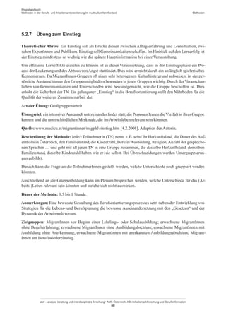 Praxishandbuch:
Methoden in der Berufs- und Arbeitsmarktorientierung im multikulturellen Kontext
abif – analyse beratung und interdisziplinäre forschung • AMS Österreich, ABI / Arbeitsmarktforschung und Berufsinformation
60
Methoden
5.2.7	 Übung zum Einstieg
Theoretischer Abriss: Ein Einstieg soll als Brücke dienen zwischen Alltagserfahrung und Lernsituation, zwi-
schen Expert­Innen und Publikum. Einstieg soll Gemeinsamkeiten schaffen. Im Hinblick auf den Lernerfolg ist
der Einstieg mindestens so wichtig wie die spätere Hauptinformation bei einer Veranstaltung.
Um effiziente Lerneffekte erzielen zu können ist es daher Voraussetzung, dass in der Einstiegsphase ein Pro-
zess der Lockerung und desAbbaus vonAngst stattfindet. Dies wird erreicht durch ein anfänglich spielerisches
Kennenlernen. Da Migrant­Innen-Gruppen oft einen sehr heterogenen Kulturhintergrund aufweisen, ist der per-
sönliche Austausch unter den Gruppenmitgliedern besonders in jenen Gruppen wichtig. Durch das Veranschau-
lichen von Gemeinsamkeiten und Unterschieden wird bewusstgemacht, wie die Gruppe beschaffen ist. Dies
erhöht die Sicherheit der TN. Ein gelungener „Einstieg“ in die Berufsorientierung stellt den Nährboden für die
Qualität der weiteren Zusammenarbeit dar.
Art der Übung: Großgruppenarbeit.
Übungsziel: ein intensiverAustausch untereinander findet statt; die Personen lernen dieVielfalt in ihrer Gruppe
kennen und die unterschiedlichen Merkmale, die im Arbeitsleben relevant sein könnten.
Quelle: www.madicu.at/migrantinnen/migph1einstieg.htm [4.2.2008], Adaption der Autorin.
Beschreibung der Methode: Jede/r TeilnehmerIn (TN) nennt z. B. sein / ­ihr Herkunftsland, die Dauer des Auf-
enthalts in Österreich, den Familienstand, die Kinderzahl, Berufe / ­Ausbildung, Religion,Anzahl der gesproche-
nen Sprachen … und geht mit all jenen TN in eine Gruppe zusammen, die dasselbe Herkunftsland, denselben
Familienstand, dieselbe Kinderzahl haben wie er / ­sie selbst. Bei Überschneidungen werden Untergruppierun-
gen gebildet.
Danach kann die Frage an die Teilnehmer­Innen gestellt werden, welche Unterschiede noch gruppiert werden
könnten.
Anschließend an die Gruppenbildung kann im Plenum besprochen werden, welche Unterschiede für das (Ar-
beits-)Leben relevant sein könnten und welche sich nicht auswirken.
Dauer der Methode: 0,5 bis 1 Stunde.
Anmerkungen: Eine bewusste Gestaltung des Berufsorientierungsprozesses setzt neben der Entwicklung von
Strategien für die Lebens- und Berufsplanung die bewusste Auseinandersetzung mit den „Gesetzen“ und der
Dynamik der Arbeitswelt voraus.
Zielgruppen: Migrant­Innen vor Beginn einer Lehrlings- oder Schulausbildung; erwachsene Migrant­Innen
ohne Berufserfahrung; erwachsene Migrant­Innen ohne Ausbildungabschluss; erwachsene Migrant­Innen mit
Ausbildung ohne Anerkennung; erwachsene Migrant­Innen mit anerkannten Ausbildungsabschluss; Migrant­
Innen am Berufswiedereinstieg.
 