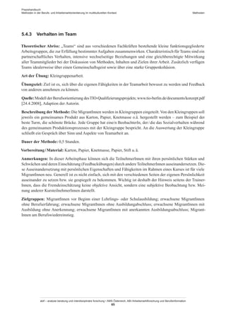 Praxishandbuch:
Methoden in der Berufs- und Arbeitsmarktorientierung im multikulturellen Kontext
abif – analyse beratung und interdisziplinäre forschung • AMS Österreich, ABI / Arbeitsmarktforschung und Berufsinformation
65
Methoden
5.4.3	 Verhalten im Team
Theoretischer Abriss: „Teams“ sind aus verschiedenen Fachkräften bestehende kleine funktionsgegliederte
Arbeitsgruppen, die zur Erfüllung bestimmter Aufgaben zusammenwirken. Charakteristisch für Teams sind ein
partnerschaftliches Verhalten, intensive wechselseitige Beziehungen und eine gleichberechtigte Mitwirkung
aller Teammitglieder bei der Diskussion von Methoden, Inhalten und Zielen ihrer Arbeit. Zusätzlich verfügen
Teams idealerweise über einen Gemeinschaftsgeist sowie über eine starke Gruppenkohäsion.
Art der Übung: Kleingruppenarbeit.
Übungsziel: Ziel ist es, sich über die eigenen Fähigkeiten in der Teamarbeit bewusst zu werden und Feedback
von anderen annehmen zu können.
Quelle: Modell der Berufsorientierung desTIO-Qualifizierungsprojekts; www.tio-berlin.de/documents/konzept.pdf
[24.4.2008], Adaption der Autorin.
Beschreibung der Methode: Die Migrant­Innen werden in Kleingruppen eingeteilt.Von den Kleingruppen soll
jeweils ein gemeinsames Produkt aus Karton, Papier, Knetmasse o.ä. hergestellt werden – zum Beispiel der
beste Turm, die schönste Brücke. Jede Gruppe hat eine/n BeobachterIn, der / ­die das Sozialverhalten während
des gemeinsamen Produktionsprozesses mit der Kleingruppe bespricht. An die Auswertung der Kleingruppe
schließt ein Gespräch über Sinn und Aspekte von Teamarbeit an.
Dauer der Methode: 0,5 Stunden.
Vorbereitung / ­Material: Karton, Papier, Knetmasse, Papier, Stift u. ä.
Anmerkungen: In dieser Arbeitsphase können sich die Teilnehmer­Innen mit ihren persönlichen Stärken und
Schwächen und deren Einschätzung (Feedbackübungen) durch andereTeilnehmer­Innen auseinandersetzen. Die-
se Auseinandersetzung mit persönlichen Eigenschaften und Fähigkeiten im Rahmen eines Kurses ist für viele
Migrant­Innen neu. Generell ist es nicht einfach, sich mit den verschiedenen Seiten der eigenen Persönlichkeit
auseinander zu setzen bzw. sie gespiegelt zu bekommen. Wichtig ist deshalb der Hinweis seitens der Trainer­
Innen, dass die Fremdeinschätzung keine objektive Ansicht, sondern eine subjektive Beobachtung bzw. Mei-
nung anderer Kursteilnehmer­Innen darstellt.
Zielgruppen: Migrant­Innen vor Beginn einer Lehrlings- oder Schulausbildung; erwachsene Migrant­Innen
ohne Berufserfahrung; erwachsene Migrant­Innen ohne Ausbildungabschluss; erwachsene Migrant­Innen mit
Ausbildung ohne Anerkennung; erwachsene Migrant­Innen mit anerkannten Ausbildungsabschluss; Migrant­
Innen am Berufswiedereinstieg.
 