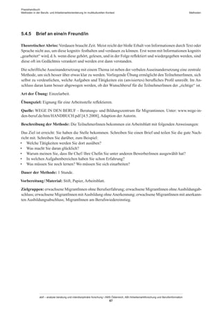 Praxishandbuch:
Methoden in der Berufs- und Arbeitsmarktorientierung im multikulturellen Kontext
abif – analyse beratung und interdisziplinäre forschung • AMS Österreich, ABI / Arbeitsmarktforschung und Berufsinformation
67
Methoden
5.4.5	 Brief an eine/n Freund/in
TheoretischerAbriss: Verdauen braucht Zeit. Meist reicht der bloße Erhalt von Informationen durch Text oder
Sprache nicht aus, um diese kognitiv festhalten und verdauen zu können. Erst wenn mit Informationen kognitiv
„gearbeitet“ wird, d. h. wenn diese gehört, gelesen, und in der Folge reflektiert und wiedergegeben werden, sind
diese oft im Gedächtnis verankert und werden erst dann verstanden.
Die schriftlicheAuseinandersetzung mit einemThema ist neben der verbalenAuseinandersetzung eine zentrale
Methode, um sich besser über etwas klar zu werden. Vorliegende Übung ermöglicht den Teilnehmer­Innen, sich
selbst zu verdeutlichen, welche Aufgaben und Tätigkeiten ein (anvisiertes) berufliches Profil umreißt. Im An-
schluss daran kann besser abgewogen werden, ob der Wunschberuf für die Teilnehmer­Innen der „richtige“ ist.
Art der Übung: Einzelarbeit.
Übungsziel: Eignung für eine Arbeitsstelle reflektieren.
Quelle: WEGE IN DEN BERUF – Beratungs- und Bildungszentrum für Migrantinnen. Unter: www.wege-in-
den-beruf.de/htm/HANDBUCH.pdf [4.5.2008], Adaption der Autorin.
Beschreibung der Methode: Die Teilnehmer­Innen bekommen ein Arbeitsblatt mit folgenden Anweisungen:
Das Ziel ist erreicht: Sie haben die Stelle bekommen. Schreiben Sie einen Brief und teilen Sie die gute Nach-
richt mit. Schreiben Sie darüber, zum Beispiel:
•	 Welche Tätigkeiten werden Sie dort ausüben?
•	 Was macht Sie daran glücklich?
•	 Warum meinen Sie, dass Ihr Chef / ­Ihre Chefin Sie unter anderen Bewerber­Innen ausgewählt hat?
•	 In welchen Aufgabenbereichen haben Sie schon Erfahrung?
•	 Was müssen Sie noch lernen? Wo müssen Sie sich einarbeiten?
Dauer der Methode: 1 Stunde.
Vorbereitung / ­Material: Stift, Papier, Arbeitsblatt.
Zielgruppen: erwachsene Migrant­Innen ohne Berufserfahrung; erwachsene Migrant­Innen ohneAusbildungab-
schluss; erwachsene Migrant­Innen mitAusbildung ohneAnerkennung; erwachsene Migrant­Innen mit anerkann-
ten Ausbildungsabschluss; Migrant­Innen am Berufswiedereinstieg.
 