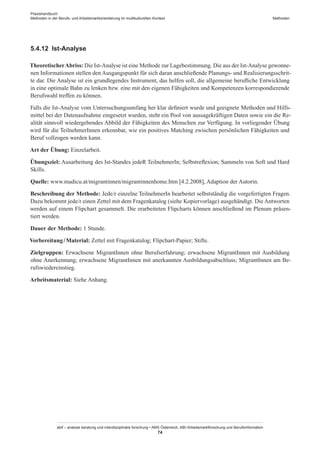 Praxishandbuch:
Methoden in der Berufs- und Arbeitsmarktorientierung im multikulturellen Kontext
abif – analyse beratung und interdisziplinäre forschung • AMS Österreich, ABI / Arbeitsmarktforschung und Berufsinformation
74
Methoden
5.4.12	 Ist-Analyse
TheoretischerAbriss: Die Ist-Analyse ist eine Methode zur Lagebestimmung. Die aus der Ist-Analyse gewonne-
nen Informationen stellen den Ausgangspunkt für sich daran anschließende Planungs- und Realisierungsschrit-
te dar. Die Analyse ist ein grundlegendes Instrument, das helfen soll, die allgemeine berufliche Entwicklung
in eine optimale Bahn zu lenken bzw. eine mit den eigenen Fähigkeiten und Kompetenzen korrespondierende
Berufswahl treffen zu können.
Falls die Ist-Analyse vom Untersuchungsumfang her klar definiert wurde und geeignete Methoden und Hilfs-
mittel bei der Datenaufnahme eingesetzt wurden, steht ein Pool von aussagekräftigen Daten sowie ein die Re-
alität sinnvoll wiedergebendes Abbild der Fähigkeiten des Menschen zur Verfügung. In vorliegender Übung
wird für die Teilnehmer­Innen erkennbar, wie ein positives Matching zwischen persönlichen Fähigkeiten und
Beruf vollzogen werden kann.
Art der Übung: Einzelarbeit.
Übungsziel: Ausarbeitung des Ist-Standes jedeR TeilnehmerIn; Selbstreflexion; Sammeln von Soft und Hard
Skills.
Quelle: www.madicu.at/migrantinnen/migrantinnenhome.htm [4.2.2008], Adaption der Autorin.
Beschreibung der Methode: Jede/r einzelne TeilnehmerIn bearbeitet selbstständig die vorgefertigten Fragen.
Dazu bekommt jede/r einen Zettel mit dem Fragenkatalog (siehe Kopiervorlage) ausgehändigt. Die Antworten
werden auf einem Flipchart gesammelt. Die erarbeiteten Flipcharts können anschließend im Plenum präsen-
tiert werden.
Dauer der Methode: 1 Stunde.
Vorbereitung / ­Material: Zettel mit Fragenkatalog; Flipchart-Papier; Stifte.
Zielgruppen: Erwachsene Migrant­Innen ohne Berufserfahrung; erwachsene Migrant­Innen mit Ausbildung
ohne Anerkennung; erwachsene Migrant­Innen mit anerkannten Ausbildungsabschluss; Migrant­Innen am Be-
rufswiedereinstieg.
Arbeitsmaterial: Siehe Anhang.
 