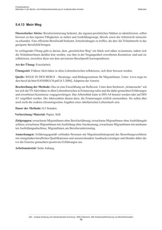 Praxishandbuch:
Methoden in der Berufs- und Arbeitsmarktorientierung im multikulturellen Kontext
abif – analyse beratung und interdisziplinäre forschung • AMS Österreich, ABI / Arbeitsmarktforschung und Berufsinformation
75
Methoden
5.4.13	 Mein Weg
Theoretischer Abriss: Berufsorientierung bedeutet, die eigenen persönlichen Stärken zu identifizieren, selbst-
bewusst zu den eigenen Fähigkeiten zu stehen und Ausbildungswege, Berufe sowie die Arbeitswelt minuziös
zu erkunden. Eine effiziente Berufswahl bedeutet, Entscheidungen zu treffen, die den / ­die TeilnehmerIn in das
geeignete Berufsfeld bringen.
In vorliegender Übung geht es darum, dem „persönlichen Weg“ ein Stück weit näher zu kommen, indem sich
die Teilnehmer­Innen darüber klar werden, was ihre in der Vergangenheit erworbenen Kenntnisse sind und sie
reflektieren, inwiefern diese mit dem anvisierten Berufsprofil korrespondieren.
Art der Übung: Einzelarbeit.
Übungsziel: Frühere Aktivitäten in allen Lebensbereichen reflektieren, sich ihrer bewusst werden.
Quelle: WEGE IN DEN BERUF – Beratungs- und Bildungszentrum für Migrant­Innen. Unter: www.wege-in-
den-beruf.de/htm/HANDBUCH.pdf [4.5.2008], Adaption der Autorin.
Beschreibung der Methode: Das ist eine Einzelübung zur Reflexion. Unter dem Stichwort „Schatzsuche“ sol-
len sich dieTNAktivitäten in allen Lebensbereichen in Erinnerung rufen und die dabei gemachten Erfahrungen
und erworbenen Kenntnisse vergegenwärtigen. Das Arbeitsblatt kann in DIN A4 benutzt werden oder auf DIN
A3 vergrößert werden. Die Jahreszahlen dienen dazu, die Erinnerungen zeitlich einzuordnen. Sie sollen aber
noch nicht die exakten chronologischen Angaben eines tabellarischen Lebenslaufs sein.
Dauer der Methode: 0,5 Stunden.
Vorbereitung / ­Material: Papier, Stift.
Zielgruppen: erwachsene Migrant­Innen ohne Berufserfahrung; erwachsene Migrant­Innen ohneAusbildungab-
schluss; erwachsene Migrant­Innen mitAusbildung ohneAnerkennung; erwachsene Migrant­Innen mit anerkann-
ten Ausbildungsabschluss; Migrant­Innen am Berufswiedereinstieg.
Anmerkungen: Erfahrungsgemäß verbinden Personen mit Migrationshintergrund das Bewerbungsverfahren
mit mangelnden beruflichen Qualifikationen und unzureichendem Ausdrucksvermögen und blenden dabei die
vor der Einreise gemachten (positiven) Erfahrungen aus.
Arbeitsmaterial: Siehe Anhang.
 