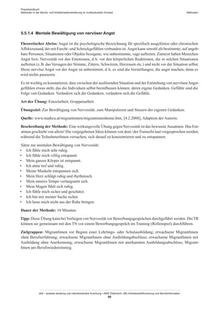 Praxishandbuch:
Methoden in der Berufs- und Arbeitsmarktorientierung im multikulturellen Kontext
abif – analyse beratung und interdisziplinäre forschung • AMS Österreich, ABI / Arbeitsmarktforschung und Berufsinformation
80
Methoden
5.5.1.4	 Mentale Bewältigung von nervöser Angst
Theoretischer Abriss: Angst ist die psychologische Bezeichnung für spezifisch ausgelösten oder chronischen
Affektzustand, der mit Furcht- und Schreckgefühlen verbunden ist.Angst kann sowohl als bestimmte, auf angeb-
bare Personen, Situationen oder Objekte bezogene, wie unbestimmte, vage auftreten. Zumeist haben Menschen
Angst bzw. Nervosität vor den Emotionen, d. h. vor den körperlichen Reaktionen, die in solchen Situationen
auftreten (z. B. das Versagen der Stimme, Zittern, Schwitzen, Herzrasen etc.) und nicht vor der Situation selbst.
Diese nervöse Angst vor der Angst ist unbestimmt; d. h. es sind die Vorstellungen, die angst machen, denn es
wird nichts passieren.
Es ist wichtig zu konstatieren, dass zwischen der auslösenden Situation und der Entstehung von nervösenAngst-
gefühlen etwas steht, das die Individuen selbst beeinflussen können: deren eigene Gedanken. Gefühle sind die
Folge von Gedanken. Verändern sich die Gedanken, verändern sich die Gefühle.
Art der Übung: Einzelarbeit; Gruppenarbeit.
Übungsziel: Zur Bewältigung von Nervosität; zum Manipulieren und Steuern der eigenen Gedanken.
Quelle: www.madicu.at/migrantinnen/migrantinnenhome.htm, [4.2.2008], Adaption der Autorin.
Beschreibung der Methode: Eine wirkungsvolle Übung gegen Nervosität ist das bewussteAusatmen. Das Ein-
atmen geschieht von allein! Die vorgegebenen Sätze können von dem / ­derTrainerIn laut vorgesprochen werden,
während die Teilnehmer­Innen versuchen, sich darauf zu konzentrieren und zu entspannen.
Sätze zur mentalen Bewältigung von Nervosität:
•	 Ich fühle mich sehr ruhig.
•	 Ich fühle mich völlig entspannt.
•	 Mein ganzer Körper ist entspannt.
•	 Ich atme tief und ruhig.
•	 Meine Muskeln entspannen sich.
•	 Mein Herz schlägt ruhig und rhythmisch.
•	 Mein inneres Tempo verlangsamt sich.
•	 Mein Magen fühlt sich ruhig.
•	 Ich fühle mich sicher und geschützt.
•	 Ich bin mir meiner Sache sicher.
•	 Ich lasse mich nicht aus der Ruhe bringen.
Dauer der Methode: 10 Minuten.
Tipp: Diese Übung kann beiVorliegen von Nervosität vor Bewerbungsgesprächen durchgeführt werden. DieTR
können sie gemeinsam mit den TN vor einem Bewerbungsgespräch im Training (Rollenspiel) durchführen.
Zielgruppen: Migrant­Innen vor Beginn einer Lehrlings- oder Schulausbildung; erwachsene Migrant­Innen
ohne Berufserfahrung; erwachsene Migrant­Innen ohne Ausbildungabschluss; erwachsene Migrant­Innen mit
Ausbildung ohne Anerkennung; erwachsene Migrant­Innen mit anerkannten Ausbildungsabschluss; Migrant­
Innen am Berufswiedereinstieg.
 