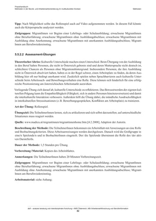 Praxishandbuch:
Methoden in der Berufs- und Arbeitsmarktorientierung im multikulturellen Kontext
abif – analyse beratung und interdisziplinäre forschung • AMS Österreich, ABI / Arbeitsmarktforschung und Berufsinformation
82
Methoden
Tipp: Nach Möglichkeit sollte das Rollenspiel auch auf Video aufgenommen werden. In diesem Fall könnte
auch die Körpersprache analysiert werden.
Zielgruppen: Migrant­Innen vor Beginn einer Lehrlings- oder Schulausbildung; erwachsene Migrant­Innen
ohne Berufserfahrung; erwachsene Migrant­Innen ohne Ausbildungabschluss; erwachsene Migrant­Innen mit
Ausbildung ohne Anerkennung; erwachsene Migrant­Innen mit anerkannten Ausbildungsabschluss; Migrant­
Innen am Berufswiedereinstieg.
5.5.2.2	 Assessment-Übungen
TheoretischerAbriss: Kulturelle Unterschiede machen einen Unterschied. Beim Übergang von derAusbildung
in den Beruf haben Personen, die nicht in Österreich geboren sind und deren Muttersprache nicht deutsch ist,
schlechtere Chancen als Personen ohne Migrationshintergrund. Insbesondere Personen, die ihre Ausbildung
nicht in Österreich absolviert haben, haben es in der Regel schwer, einen Arbeitsplatz zu finden, da deren Aus-
bildung hier oft nur bedingt anerkannt wird. Zusätzlich spielen neben Sprachbarrieren auch kulturelle Unter-
schiede beim Arbeitssuch- und Bewerbungsverhalten eine Rolle. Diese können sich hinderlich für eine erfolg-
reiche Positionierung am österreichischen Arbeitsmarkt auswirken.
Vorliegende Übung zielt darauf ab, kulturelle Unterschiede zu reflektieren. Das Bewusstwerden der eigenen kul-
turellen Prägung kann die Empathiefähigkeit (Fähigkeit, sich in andere Personen hineinzuversetzen) und damit
die interkulturelle Interaktion verbessern. Außerdem hilft die Übung dabei, die mündliche Ausdrucksfähigkeit
in interkulturellen Stresssituationen (z. B. Bewerbungsgesprächen, Konflikten am Arbeitsplatz) zu trainieren.
Art der Übung: Rollenspiel.
Übungsziel: DieTeilnehmer­Innen lernen, sich zu artikulieren und sich selbst darzustellen; auf unterschiedliche
Situationen muss reagiert werden.
Quelle: www.madicu.at/migrantinnen/migrantinnenhome.htm [4.2.2008], Adaption der Autorin.
Beschreibung der Methode: Die Teilnehmer­Innen bekommen einArbeitsblatt mitAnweisungen an eine Rolle
und Beobachtungskriterien. Diese Arbeitsanweisungen werden durchgelesen. Danach wird die Großgruppe in
eine/n Spielende/n und in Beobachter­Innen eingeteilt. Der / ­die Spielende übernimmt die Rolle des / ­der akti-
ven DarstellerIn.
Dauer der Methode: 1,5 Stunden pro Übung.
Vorbereitung / ­Material: Kopien des Arbeitsblattes.
Anmerkungen: Die Teilnehmer­Innen haben 20 Minuten Vorbereitungszeit.
Zielgruppen: Migrant­Innen vor Beginn einer Lehrlings- oder Schulausbildung; erwachsene Migrant­Innen
ohne Berufserfahrung; erwachsene Migrant­Innen ohne Ausbildungabschluss; erwachsene Migrant­Innen mit
Ausbildung ohne Anerkennung; erwachsene Migrant­Innen mit anerkannten Ausbildungsabschluss; Migrant­
Innen am Berufswiedereinstieg.
Arbeitsmaterial: siehe Anhang;
 