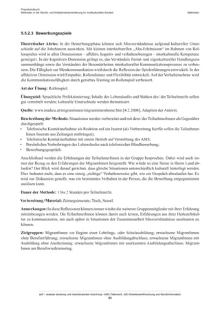 Praxishandbuch:
Methoden in der Berufs- und Arbeitsmarktorientierung im multikulturellen Kontext
abif – analyse beratung und interdisziplinäre forschung • AMS Österreich, ABI / Arbeitsmarktforschung und Berufsinformation
83
Methoden
5.5.2.3	 Bewerbungsspiele
Theoretischer Abriss: In der Bewerbungsphase können sich Missverständnisse aufgrund kultureller Unter-
schiede auf die Jobchancen auswirken. Mit kleinen interkulturellen „Aha-Erlebnissen“ im Rahmen von Rol-
lenspielen wird in allen Dimensionen – affektiv, kognitiv und verhaltensbezogen – interkulturelle Kompetenz
gesteigert. In der kognitiven Dimension gelingt es, das Verständnis fremd- und eigenkultureller Handlungszu-
sammenhänge sowie das Verständnis der Besonderheiten interkultureller Kommunikationsprozesse zu verbes-
sern. Die Fähigkeit zur Metakommunikation wird durch die Reflexion der Spielerfahrungen entwickelt. In der
affektiven Dimension wird Empathie, Rollendistanz und Flexibilität entwickelt. Auf der Verhaltensebene wird
die Kommunikationsfähigkeit durch gezieltes Training im Rollenspiel verbessert.
Art der Übung: Rollenspiel.
Übungsziel: Sprachliche Perfektionierung; Inhalte des Lebenslaufes und Stärken des / ­der TeilnehmerIn sollen
gut vermittelt werden; kulturelle Unterschiede werden thematisiert.
Quelle: www.madicu.at/migrantinnen/migrantinnenhome.htm [4.2.2008], Adaption der Autorin.
Beschreibung der Methode: Situationen werden vorbereitet und mit dem / ­derTeilnehmer­Innen als Gegenüber
durchgespielt:
•	 Telefonische Kontaktaufnahme als Reaktion auf ein Inserat (als Vorbereitung hierfür sollen die Teilnehmer­
Innen Inserate aus Zeitungen mitbringen);
•	 Telefonische Kontaktaufnahme mit einem Betrieb auf Vermittlung des AMS;
•	 Persönliches Vorbeibringen des Lebenslaufes nach telefonischer Blindbewerbung;
•	 Bewerbungsgespräch.
Anschließend werden die Erfahrungen der Teilnehmer­Innen in der Gruppe besprochen. Dabei wird auch im-
mer der Bezug zu den Erfahrungen der Migrant­Innen hergestellt. Wie würde so eine Szene in Ihrem Land ab-
laufen? Der Blick wird darauf gerichtet, dass gleiche Situationen unterschiedlich kulturell hinterlegt werden.
Dies bedeutet nicht, dass es eine einzig „richtige“ Verhaltensweise gibt, wie ein Gespräch abzulaufen hat. Es
wird zur Diskussion gestellt, was ein bestimmtes Verhalten in der Person, die die Bewerbung entgegennimmt
auslösen kann.
Dauer der Methode: 1 bis 2 Stunden pro TeilnehmerIn.
Vorbereitung / ­Material: Zeitungsinserate; Tisch, Sessel.
Anmerkungen: In diese Reflexionen können immer wieder die weiteren Gruppenmitglieder mit ihrer Erfahrung
miteinbezogen werden. Die Teilnehmer­Innen können damit auch lernen, Erfahrungen aus ihrer Herkunftskul-
tur zu kommunizieren, um auch später in Situationen der Zusammenarbeit Missverständnisse ausräumen zu
können.
Zielgruppen: Migrant­Innen vor Beginn einer Lehrlings- oder Schulausbildung; erwachsene Migrant­Innen
ohne Berufserfahrung; erwachsene Migrant­Innen ohne Ausbildungabschluss; erwachsene Migrant­Innen mit
Ausbildung ohne Anerkennung; erwachsene Migrant­Innen mit anerkannten Ausbildungsabschluss; Migrant­
Innen am Berufswiedereinstieg.
 