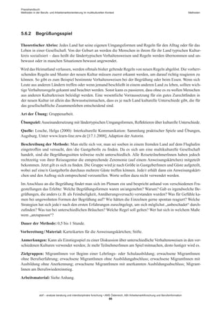 Praxishandbuch:
Methoden in der Berufs- und Arbeitsmarktorientierung im multikulturellen Kontext
abif – analyse beratung und interdisziplinäre forschung • AMS Österreich, ABI / Arbeitsmarktforschung und Berufsinformation
86
Methoden
5.6.2	 Begrüßungsspiel
Theoretischer Abriss: Jedes Land hat seine eigenen Umgangsformen und Regeln für den Alltag oder für das
Leben in einer Gesellschaft. Von der Geburt an werden die Menschen in ihrem für ihr Land typischen Kultur-
kreis sozialisiert – dass heißt die ländertypischen Verhaltensweisen und Regeln werden übernommen und un-
bewusst oder in manchen Situationen bewusst angewendet.
Wird das Heimatland verlassen, werden oftmals bisher geltende Regeln von neuen Regeln abgelöst. Die vorherr-
schenden Regeln und Muster der neuen Kultur müssen zuerst erkannt werden, um darauf richtig reagieren zu
können. So gibt es zum Beispiel bestimmte Verhaltensweisen bei der Begrüßung oder beim Essen. Wenn sich
Leute aus anderen Ländern treffen oder wenn jemand beschließt in einem anderen Land zu leben, sollten wich-
tige Verhaltensregeln gekannt und beachtet werden. Sonst kann es passieren, dass ohne es zu wollen Menschen
aus anderen Kulturkreisen beleidigt werden. Eine wesentliche Vorraussetzung für ein gutes Zurechtfinden in
der neuen Kultur ist allein das Bewusstseinmachen, dass es je nach Land kulturelle Unterschiede gibt, die für
das gesellschaftliche Zusammenleben entscheidend sind.
Art der Übung: Gruppenarbeit.
Übungsziel: Auseinandersetzung mit ländertypischen Umgangsformen, Reflektieren über kulturelle Unterschiede.
Quelle: Losche, Helga (2000): Interkulturelle Kommunikation: Sammlung praktischer Spiele und Übungen,
Augsburg. Unter www.learn-line.nrw.de [17.1.2008], Adaption der Autorin.
Beschreibung der Methode: Man stelle sich vor, man sei soeben in einem fremden Land auf dem Flughafen
eingetroffen und versucht, den / ­die GastgeberIn zu finden. Da es sich um eine multikulturelle Gesellschaft
handelt, sind die Begrüßungssitten teilweise recht unterschiedlich. Alle Reiseteilnehmer­Innen haben jedoch
rechtzeitig von ihrer Reiseagentur die entsprechende Zeremonie (auf einem Anweisungskärtchen) mitgeteilt
bekommen. Jetzt gilt es sich zu finden. Die Gruppe wird je nach Größe in Gastgeber­Innen und Gäste aufgeteilt,
wobei auf eine/n GastgeberIn durchaus mehrere Gäste treffen können. Jede/r erhält dann ein Anweisungskärt-
chen und den Auftrag sich entsprechend vorzustellen. Worte sollen dazu nicht verwendet werden.
Im Anschluss an die Begrüßung findet man sich im Plenum ein und bespricht anhand von verschiedenen Fra-
gestellungen das Erlebte: Welche Begrüßungsformen waren un/angenehm? Warum? Gab es irgendwelche Be-
grüßungen, die anders (z. B. als Feindseligkeit, Annäherungsversuch) verstanden wurden? Was für Gefühle ka-
men bei ungewohnten Formen der Begrüßung auf? Wie hätten die Einzelnen gerne spontan reagiert? Welche
Strategien hat sich jede/r nach den ersten Erfahrungen zurechtgelegt, um sich möglichst „unbeschadet“ durch-
zufinden? Was tun bei unterschiedlichen Bräuchen? Welche Regel soll gelten? Wer hat sich in welchem Maße
wem „anzupassen“?
Dauer der Methode: 0,5 bis 1 Stunde.
Vorbereitung / ­Material: Karteikarten für die Anweisungskärtchen; Stifte.
Anmerkungen: Kann als Einstiegsspiel zu einer Diskussion über unterschiedliche Verhaltensweisen in den ver-
schiedenen Kulturen verwendet werden; Je mehr Teilnehmer­Innen am Spiel mitmachen, desto lustiger wird es.
Zielgruppen: Migrant­Innen vor Beginn einer Lehrlings- oder Schulausbildung; erwachsene Migrant­Innen
ohne Berufserfahrung; erwachsene Migrant­Innen ohne Ausbildungabschluss; erwachsene Migrant­Innen mit
Ausbildung ohne Anerkennung; erwachsene Migrant­Innen mit anerkannten Ausbildungsabschluss; Migrant­
Innen am Berufswiedereinstieg.
Arbeitsmaterial: Siehe Anhang.
 