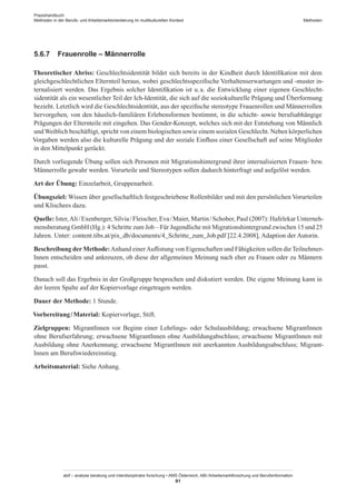 Praxishandbuch:
Methoden in der Berufs- und Arbeitsmarktorientierung im multikulturellen Kontext
abif – analyse beratung und interdisziplinäre forschung • AMS Österreich, ABI / Arbeitsmarktforschung und Berufsinformation
91
Methoden
5.6.7	 Frauenrolle – Männerrolle
Theoretischer Abriss: Geschlechtsidentität bildet sich bereits in der Kindheit durch Identifikation mit dem
gleichgeschlechtlichen Elternteil heraus, wobei geschlechtsspezifische Verhaltenserwartungen und -muster in-
ternalisiert werden. Das Ergebnis solcher Identifikation ist u. a. die Entwicklung einer eigenen Geschlecht-
sidentität als ein wesentlicher Teil der Ich-Identität, die sich auf die soziokulturelle Prägung und Überformung
bezieht. Letztlich wird die Geschlechtsidentität, aus der spezifische stereotype Frauenrollen und Männerrollen
hervorgehen, von den häuslich-familiären Erlebensformen bestimmt, in die schicht- sowie berufsabhängige
Prägungen der Elternteile mit eingehen. Das Gender-Konzept, welches sich mit der Entstehung von Männlich
und Weiblich beschäftigt, spricht von einem biologischen sowie einem sozialen Geschlecht. Neben körperlichen
Vorgaben werden also die kulturelle Prägung und der soziale Einfluss einer Gesellschaft auf seine Mitglieder
in den Mittelpunkt gerückt.
Durch vorliegende Übung sollen sich Personen mit Migrationshintergrund ihrer internalisierten Frauen- bzw.
Männerrolle gewahr werden. Vorurteile und Stereotypen sollen dadurch hinterfragt und aufgelöst werden.
Art der Übung: Einzelarbeit, Gruppenarbeit.
Übungsziel: Wissen über gesellschaftlich festgeschriebene Rollenbilder und mit den persönlichen Vorurteilen
und Klischees dazu.
Quelle: Ister,Ali / ­Exenberger, Silvia / ­Fleischer, Eva / ­Maier, Martin / ­Schober, Paul (2007): Hafelekar Unterneh-
mensberatung GmbH (Hg.): 4 Schritte zum Job – Für Jugendliche mit Migrationshintergrund zwischen 15 und 25
Jahren. Unter: content.tibs.at/pix_db/documents/4_Schritte_zum_Job.pdf [22.4.2008], Adaption der Autorin.
Beschreibung der Methode:Anhand einerAuflistung von Eigenschaften und Fähigkeiten sollen dieTeilnehmer­
Innen entscheiden und ankreuzen, ob diese der allgemeinen Meinung nach eher zu Frauen oder zu Männern
passt.
Danach soll das Ergebnis in der Großgruppe besprochen und diskutiert werden. Die eigene Meinung kann in
der leeren Spalte auf der Kopiervorlage eingetragen werden.
Dauer der Methode: 1 Stunde.
Vorbereitung / ­Material: Kopiervorlage, Stift.
Zielgruppen: Migrant­Innen vor Beginn einer Lehrlings- oder Schulausbildung; erwachsene Migrant­Innen
ohne Berufserfahrung; erwachsene Migrant­Innen ohne Ausbildungabschluss; erwachsene Migrant­Innen mit
Ausbildung ohne Anerkennung; erwachsene Migrant­Innen mit anerkannten Ausbildungsabschluss; Migrant­
Innen am Berufswiedereinstieg.
Arbeitsmaterial: Siehe Anhang.
 