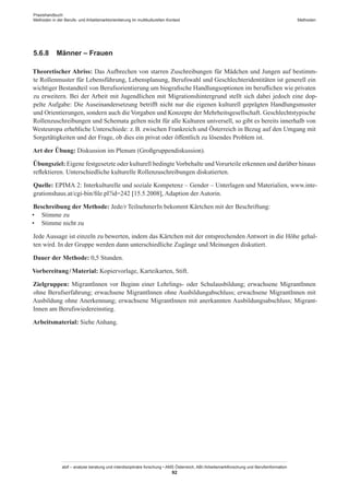 Praxishandbuch:
Methoden in der Berufs- und Arbeitsmarktorientierung im multikulturellen Kontext
abif – analyse beratung und interdisziplinäre forschung • AMS Österreich, ABI / Arbeitsmarktforschung und Berufsinformation
92
Methoden
5.6.8	 Männer – Frauen
Theoretischer Abriss: Das Aufbrechen von starren Zuschreibungen für Mädchen und Jungen auf bestimm-
te Rollenmuster für Lebensführung, Lebensplanung, Berufswahl und Geschlechteridentitäten ist generell ein
wichtiger Bestandteil von Berufsorientierung um biografische Handlungsoptionen im beruflichen wie privaten
zu erweitern. Bei der Arbeit mit Jugendlichen mit Migrationshintergrund stellt sich dabei jedoch eine dop-
pelte Aufgabe: Die Auseinandersetzung betrifft nicht nur die eigenen kulturell geprägten Handlungsmuster
und Orientierungen, sondern auch die Vorgaben und Konzepte der Mehrheitsgesellschaft. Geschlechtstypische
Rollenzuschreibungen und Schemata gelten nicht für alle Kulturen universell, so gibt es bereits innerhalb von
Westeuropa erhebliche Unterschiede: z. B. zwischen Frankreich und Österreich in Bezug auf den Umgang mit
Sorgetätigkeiten und der Frage, ob dies ein privat oder öffentlich zu lösendes Problem ist.
Art der Übung: Diskussion im Plenum (Großgruppendiskussion).
Übungsziel: Eigene festgesetzte oder kulturell bedingteVorbehalte undVorurteile erkennen und darüber hinaus
reflektieren. Unterschiedliche kulturelle Rollenzuschreibungen diskutierten.
Quelle: EPIMA 2: Interkulturelle und soziale Kompetenz – Gender – Unterlagen und Materialien, www.inte-
grationshaus.at/cgi-bin/file.pl?id=242 [15.5.2008], Adaption der Autorin.
Beschreibung der Methode: Jede/r TeilnehmerIn bekommt Kärtchen mit der Beschriftung:
•	 Stimme zu
•	 Stimme nicht zu
Jede Aussage ist einzeln zu bewerten, indem das Kärtchen mit der entsprechenden Antwort in die Höhe gehal-
ten wird. In der Gruppe werden dann unterschiedliche Zugänge und Meinungen diskutiert.
Dauer der Methode: 0,5 Stunden.
Vorbereitung / ­Material: Kopiervorlage, Karteikarten, Stift.
Zielgruppen: Migrant­Innen vor Beginn einer Lehrlings- oder Schulausbildung; erwachsene Migrant­Innen
ohne Berufserfahrung; erwachsene Migrant­Innen ohne Ausbildungabschluss; erwachsene Migrant­Innen mit
Ausbildung ohne Anerkennung; erwachsene Migrant­Innen mit anerkannten Ausbildungsabschluss; Migrant­
Innen am Berufswiedereinstieg.
Arbeitsmaterial: Siehe Anhang.
 