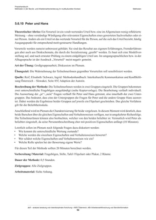 Praxishandbuch:
Methoden in der Berufs- und Arbeitsmarktorientierung im multikulturellen Kontext
abif – analyse beratung und interdisziplinäre forschung • AMS Österreich, ABI / Arbeitsmarktforschung und Berufsinformation
94
Methoden
5.6.10	 Peter und Hans
TheoretischerAbriss: EinVorurteil ist ein vorab wertendes Urteil bzw. eine imAllgemeinen wenig reflektierte
Meinung – ohne verständige Würdigung aller relevanten Eigenschaften eines gewerteten Sachverhaltes oder ei-
ner Person.Anders als ein Urteil ist das wertende Vorurteil für die Person, auf die sich das Urteil bezieht, häufig
Ausgangspunkt für entsprechend motivgesteuerte Handlungen.
Vorurteile werden zumeist unbewusst gebildet. Sie sind das Resultat aus eigenen Erfahrungen, Fremderfahrun-
gen aber auch aus Denkschemata, die durch die Sozialisierung „geerbt“ werden. Es baut sich eine Modellvor-
stellung auf, und nach erneuter Prüfung zu einem endgültigen Urteil um. Im umgangssprachlichen bzw. in der
Alltagssprache ist der Ausdruck „Vorurteil“ meist negativ gemeint.
Art der Übung: Großgruppenarbeit, Diskussion im Plenum.
Übungsziel: Die Wahrnehmung der Teilnehmer­Innen gegenüber Vorurteilen soll sensibilisiert werden.
Quelle: Reif, Elisabeth / ­Schwarz, Ingrid: Methodenhandbuch: Interkulturelle Kommunikation und Konfliktlö-
sung Österreich – Slowakei, Seite 85f; Adaption der Autorin.
Beschreibung der Methode: DieTeilnehmer­Innen werden in zwei Gruppen eingeteilt. Die Gruppen bekommen
zwei unterschiedliche Fragebögen ausgehändigt (siehe Kopiervorlage). Die Bearbeitung verläuft individuell.
Die Auswertung der „ja“ / ­„nein“ Fragen verläuft für Peter und Hans getrennt, also innerhalb der zwei Unter-
gruppen. Das bedeutet, dass eine der Untergruppen die Fragen für Peter und die andere Gruppe Hans auswer-
tet. Dabei werden die Ergebnisse beider Gruppen auf jeweils ein Flipchart geschrieben. Das gleiche Verfahren
gilt für die Beliebtheitsskala.
Anschließend wird im Plenum die Charakterisierung für beide vorgelesen. In diesem Moment wird deutlich, dass
beide Burschen über die gleichen Eigenschaften undVerhaltensweisen verfügen, nur in umgekehrter Reihenfolge.
Die Teilnehmer­Innen können also beobachten, welcher von den beiden beliebter ist. Vermutlich wird Peter als
beliebter eingestuft, da seine Personenbeschreibung eher mit positiven Eigenschaften anfängt (10 Minuten).
Letztlich sollen im Plenum noch folgende Fragen dazu diskutiert werden:
•	 Wie kommt die unterschiedliche Wertung zustande?
•	 Welche werden die einzelnen Eigenschaften und Verhaltensweisen bewertet?
•	 Wer schätzt welche Eigenschaften und Verhaltensweisen wie ein?
•	 Welche Rolle spielen bei der Bewertung eigene Werte?
Für diesen Teil der Methode sollten 20 Minuten berechnet werden.
Vorbereitung / ­Material: Fragebögen, Stifte, Tafel / ­Flipchart oder Plakat, 2 Räume.
Dauer der Methode: 0,5 Stunden.
Zielgruppen: Alle Zielgruppen.
Arbeitsmaterial: Siehe Anhang.
 