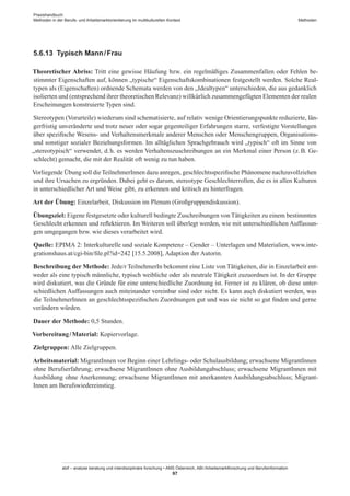 Praxishandbuch:
Methoden in der Berufs- und Arbeitsmarktorientierung im multikulturellen Kontext
abif – analyse beratung und interdisziplinäre forschung • AMS Österreich, ABI / Arbeitsmarktforschung und Berufsinformation
97
Methoden
5.6.13	 Typisch Mann / ­Frau
Theoretischer Abriss: Tritt eine gewisse Häufung bzw. ein regelmäßiges Zusammenfallen oder Fehlen be-
stimmter Eigenschaften auf, können „typische“ Eigenschaftskombinationen festgestellt werden. Solche Real-
typen als (Eigenschaften) ordnende Schemata werden von den „Idealtypen“ unterschieden, die aus gedanklich
isolierten und (entsprechend ihrer theoretischen Relevanz) willkürlich zusammengefügten Elementen der realen
Erscheinungen konstruierte Typen sind.
Stereotypen (Vorurteile) wiederum sind schematisierte, auf relativ wenige Orientierungspunkte reduzierte, län-
gerfristig unveränderte und trotz neuer oder sogar gegenteiliger Erfahrungen starre, verfestigte Vorstellungen
über spezifische Wesens- und Verhaltensmerkmale anderer Menschen oder Menschengruppen, Organisations-
und sonstiger sozialer Beziehungsformen. Im alltäglichen Sprachgebrauch wird „typisch“ oft im Sinne von
„stereotypisch“ verwendet, d. h. es werden Verhaltenszuschreibungen an ein Merkmal einer Person (z. B. Ge-
schlecht) gemacht, die mit der Realität oft wenig zu tun haben.
Vorliegende Übung soll dieTeilnehmer­Innen dazu anregen, geschlechtsspezifische Phänomene nachzuvollziehen
und ihre Ursachen zu ergründen. Dabei geht es darum, stereotype Geschlechterrollen, die es in allen Kulturen
in unterschiedlicher Art und Weise gibt, zu erkennen und kritisch zu hinterfragen.
Art der Übung: Einzelarbeit, Diskussion im Plenum (Großgruppendiskussion).
Übungsziel: Eigene festgesetzte oder kulturell bedingte Zuschreibungen von Tätigkeiten zu einem bestimmten
Geschlecht erkennen und reflektieren. Im Weiteren soll überlegt werden, wie mit unterschiedlichen Auffassun-
gen umgegangen bzw. wie dieses verarbeitet wird.
Quelle: EPIMA 2: Interkulturelle und soziale Kompetenz – Gender – Unterlagen und Materialien, www.inte-
grationshaus.at/cgi-bin/file.pl?id=242 [15.5.2008], Adaption der Autorin.
Beschreibung der Methode: Jede/r TeilnehmerIn bekommt eine Liste von Tätigkeiten, die in Einzelarbeit ent-
weder als eine typisch männliche, typisch weibliche oder als neutrale Tätigkeit zuzuordnen ist. In der Gruppe
wird diskutiert, was die Gründe für eine unterschiedliche Zuordnung ist. Ferner ist zu klären, ob diese unter-
schiedlichen Auffassungen auch miteinander vereinbar sind oder nicht. Es kann auch diskutiert werden, was
die Teilnehmer­Innen an geschlechtsspezifischen Zuordnungen gut und was sie nicht so gut finden und gerne
verändern würden.
Dauer der Methode: 0,5 Stunden.
Vorbereitung / ­Material: Kopiervorlage.
Zielgruppen: Alle Zielgruppen.
Arbeitsmaterial: Migrant­Innen vor Beginn einer Lehrlings- oder Schulausbildung; erwachsene Migrant­Innen
ohne Berufserfahrung; erwachsene Migrant­Innen ohne Ausbildungabschluss; erwachsene Migrant­Innen mit
Ausbildung ohne Anerkennung; erwachsene Migrant­Innen mit anerkannten Ausbildungsabschluss; Migrant­
Innen am Berufswiedereinstieg.
 