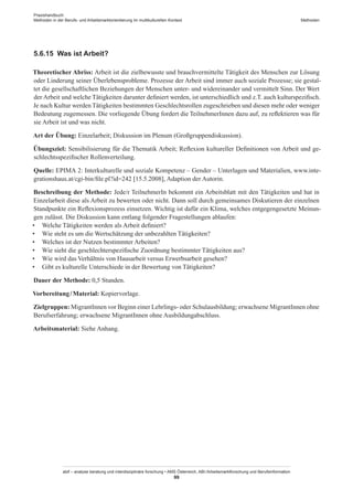 Praxishandbuch:
Methoden in der Berufs- und Arbeitsmarktorientierung im multikulturellen Kontext
abif – analyse beratung und interdisziplinäre forschung • AMS Österreich, ABI / Arbeitsmarktforschung und Berufsinformation
99
Methoden
5.6.15	 Was ist Arbeit?
Theoretischer Abriss: Arbeit ist die zielbewusste und brauchvermittelte Tätigkeit des Menschen zur Lösung
oder Linderung seiner Überlebensprobleme. Prozesse der Arbeit sind immer auch soziale Prozesse; sie gestal-
tet die gesellschaftlichen Beziehungen der Menschen unter- und widereinander und vermittelt Sinn. Der Wert
der Arbeit und welche Tätigkeiten darunter definiert werden, ist unterschiedlich und z.T. auch kulturspezifisch.
Je nach Kultur werden Tätigkeiten bestimmten Geschlechtsrollen zugeschrieben und diesen mehr oder weniger
Bedeutung zugemessen. Die vorliegende Übung fordert die Teilnehmer­Innen dazu auf, zu reflektieren was für
sie Arbeit ist und was nicht.
Art der Übung: Einzelarbeit; Diskussion im Plenum (Großgruppendiskussion).
Übungsziel: Sensibilisierung für die Thematik Arbeit; Reflexion kultureller Definitionen von Arbeit und ge-
schlechtsspezifischer Rollenverteilung.
Quelle: EPIMA 2: Interkulturelle und soziale Kompetenz – Gender – Unterlagen und Materialien, www.inte-
grationshaus.at/cgi-bin/file.pl?id=242 [15.5.2008], Adaption der Autorin.
Beschreibung der Methode: Jede/r TeilnehmerIn bekommt ein Arbeitsblatt mit den Tätigkeiten und hat in
Einzelarbeit diese als Arbeit zu bewerten oder nicht. Dann soll durch gemeinsames Diskutieren der einzelnen
Standpunkte ein Reflexionsprozess einsetzen. Wichtig ist dafür ein Klima, welches entgegengesetzte Meinun-
gen zulässt. Die Diskussion kann entlang folgender Fragestellungen ablaufen:
•	 Welche Tätigkeiten werden als Arbeit definiert?
•	 Wie steht es um die Wertschätzung der unbezahlten Tätigkeiten?
•	 Welches ist der Nutzen bestimmter Arbeiten?
•	 Wie sieht die geschlechterspezifische Zuordnung bestimmter Tätigkeiten aus?
•	 Wie wird das Verhältnis von Hausarbeit versus Erwerbsarbeit gesehen?
•	 Gibt es kulturelle Unterschiede in der Bewertung von Tätigkeiten?
Dauer der Methode: 0,5 Stunden.
Vorbereitung / ­Material: Kopiervorlage.
Zielgruppen: Migrant­Innen vor Beginn einer Lehrlings- oder Schulausbildung; erwachsene Migrant­Innen ohne
Berufserfahrung; erwachsene Migrant­Innen ohne Ausbildungabschluss.
Arbeitsmaterial: Siehe Anhang.
 
