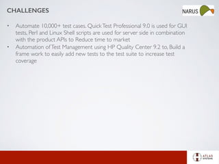 CHALLENGES
• Automate 10,000+ test cases. QuickTest Professional 9.0 is used for GUI
tests, Perl and Linux Shell scripts are used for server side in combination
with the product APIs to Reduce time to market
• Automation ofTest Management using HP Quality Center 9.2 to, Build a
frame work to easily add new tests to the test suite to increase test
coverage
 