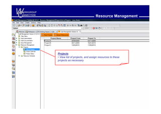 W
C
 ORKGROUP
ONNECTION
                                             Resource Management




            Projects
            • View list of projects, and assign resources to these
            projects as necessary
 