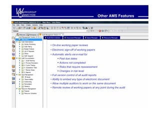 W
C
 ORKGROUP
ONNECTION
                                                          Other AMS Features




            • On-line working paper reviews
            • Electronic sign-off of working papers
            • Automatic alerts via e-mail for
                    Past due dates
                    Actions not completed
                    Risks that require reassessment
                    Changes in risk level
            • Full version control of all audit reports
            • Ability to embed any type of electronic document
            • Allow multiple auditors to work on the same document
            • Remote review of working papers at any point during the audit
 