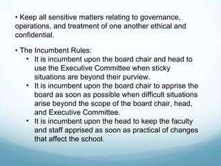 • Keep all sensitive matters relating to governance,
operations, and treatment of one another ethical and
confidential.

• The Incumbent Rules:
   • It is incumbent upon the board chair and head to
      use the Executive Committee when sticky
      situations are beyond their purview.
   • It is incumbent upon the board chair to apprise the
      board as soon as possible when difficult situations
      arise beyond the scope of the board chair, head,
      and Executive Committee.
   • It is incumbent upon the head to keep the faculty
      and staff apprised as soon as practical of changes
      that affect the school.
 