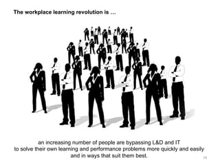 The workplace learning revolution is …

an increasing number of people are bypassing L&D and IT
to solve their own learning and performance problems more quickly and easily
and in ways that suit them best.
19	
  

 