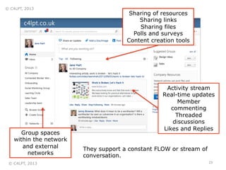 © C4LPT, 2013

Group spaces
within the network
and external
networks
© C4LPT, 2013

Sharing of resources
Sharing links
Sharing files
Polls and surveys
Content creation tools

Activity stream
Real-time updates
Member
commenting
Threaded
discussions
Likes and Replies
They support a constant FLOW or stream of
conversation.
23	
  

 