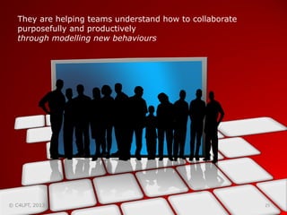They are helping teams understand how to collaborate
purposefully and productively
through modelling new behaviours

© C4LPT, 2013

25	
  

 