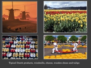 Tipical Dutch products, windmills, cheese, wooden shoes and tulips 