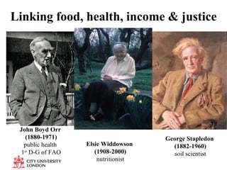 Linking food, health, income & justice John Boyd Orr  (1880-1971) public health  1 st  D-G of FAO George Stapledon  (1882-1960) soil scientist Elsie Widdowson  (1908-2000) nutritionist 