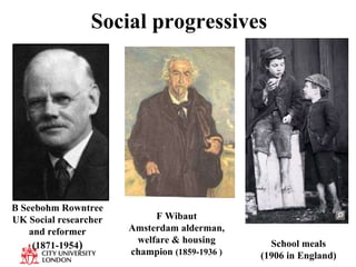 Social progressives B Seebohm Rowntree UK Social researcher and reformer (1871-1954 ) F Wibaut Amsterdam alderman, welfare & housing champion  ( 1859-1936   ) School meals (1906 in England) 