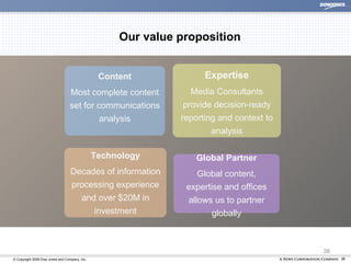 Our value proposition Content Most complete content set for communications analysis Technology Decades of information proc...