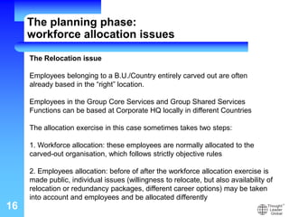 16
The Relocation issue
Employees belonging to a B.U./Country entirely carved out are often
already based in the “right” location.
Employees in the Group Core Services and Group Shared Services
Functions can be based at Corporate HQ locally in different Countries
The allocation exercise in this case sometimes takes two steps:
1. Workforce allocation: these employees are normally allocated to the
carved-out organisation, which follows strictly objective rules
2. Employees allocation: before of after the workforce allocation exercise is
made public, individual issues (willingness to relocate, but also availability of
relocation or redundancy packages, different career options) may be taken
into account and employees and be allocated differently
The planning phase:
workforce allocation issues
 