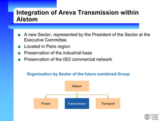 Integration of Areva Transmission within
Alstom
A new Sector, represented by the President of the Sector at the
Executive Committee
Located in Paris region
Preservation of the industrial base
Preservation of the ISO commercial network
Organisation by Sector of the future combined Group
Alstom
Power Transmission Transport
 