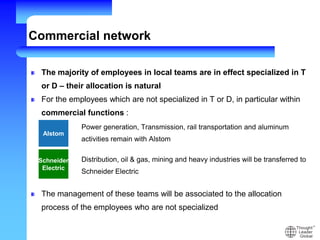 Commercial network
The majority of employees in local teams are in effect specialized in T
or D – their allocation is natural
For the employees which are not specialized in T or D, in particular within
commercial functions :
Power generation, Transmission, rail transportation and aluminum
activities remain with Alstom
Distribution, oil & gas, mining and heavy industries will be transferred to
Schneider Electric
The management of these teams will be associated to the allocation
process of the employees who are not specialized
Alstom
Schneider
Electric
 