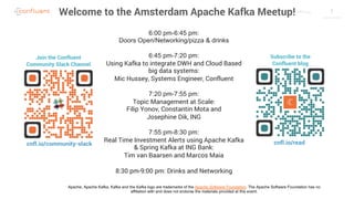 1C O N F I D E N T I A L
Join the Confluent
Community Slack Channel
Subscribe to the
Confluent blog
cnfl.io/community-slack cnfl.io/read
Welcome to the Amsterdam Apache Kafka Meetup!
6:00 pm-6:45 pm:
Doors Open/Networking/pizza & drinks
6:45 pm-7:20 pm:
Using Kafka to integrate DWH and Cloud Based
big data systems:
Mic Hussey, Systems Engineer, Confluent
7:20 pm-7:55 pm:
Topic Management at Scale:
Filip Yonov, Constantin Mota and
Josephine Dik, ING
7:55 pm-8:30 pm:
Real Time Investment Alerts using Apache Kafka
& Spring Kafka at ING Bank:
Tim van Baarsen and Marcos Maia
8:30 pm-9:00 pm: Drinks and Networking
Apache, Apache Kafka, Kafka and the Kafka logo are trademarks of the Apache Software Foundation. The Apache Software Foundation has no
affiliation with and does not endorse the materials provided at this event.
 